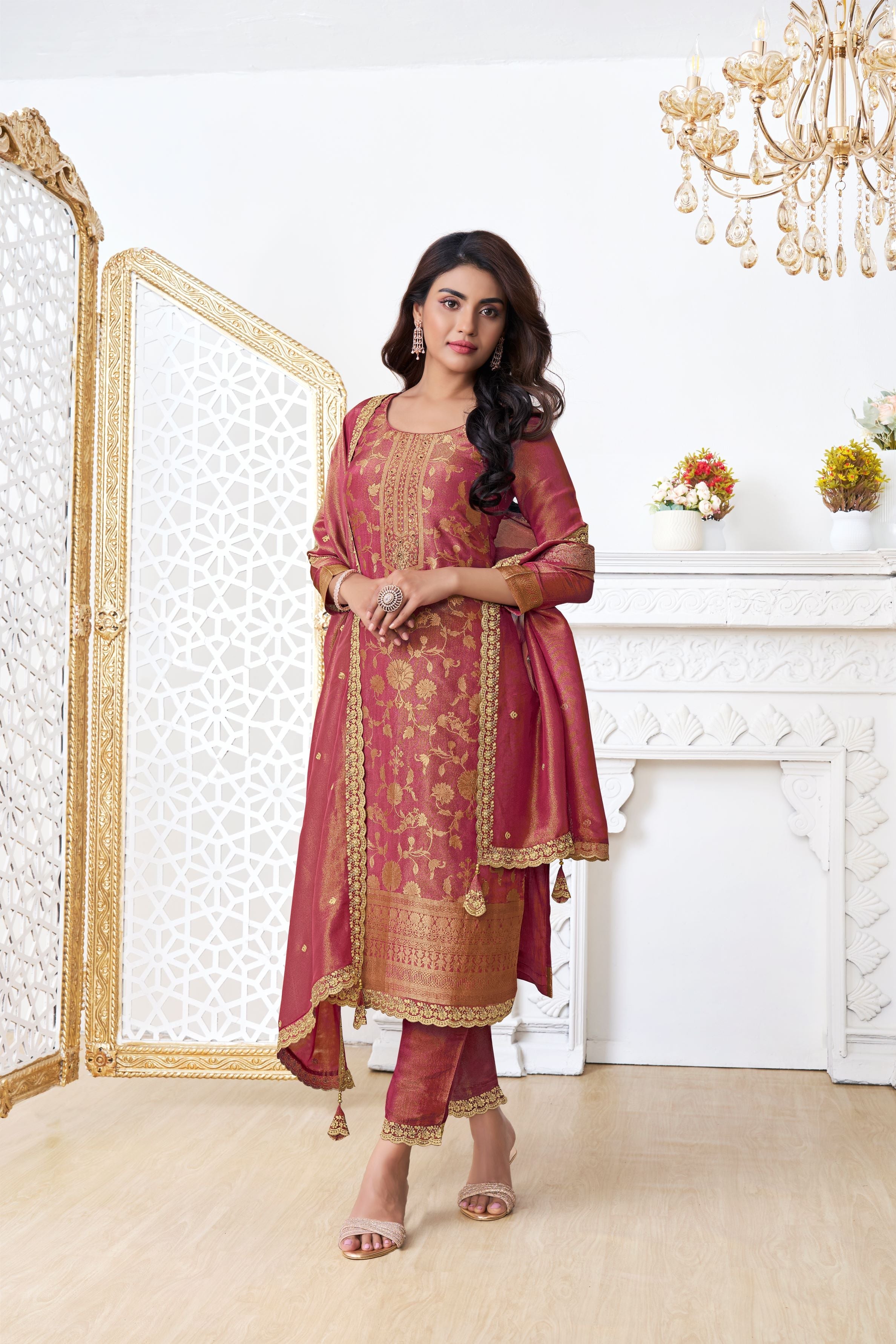 Salmon Red Banarasi Tissue Silk Pants Set