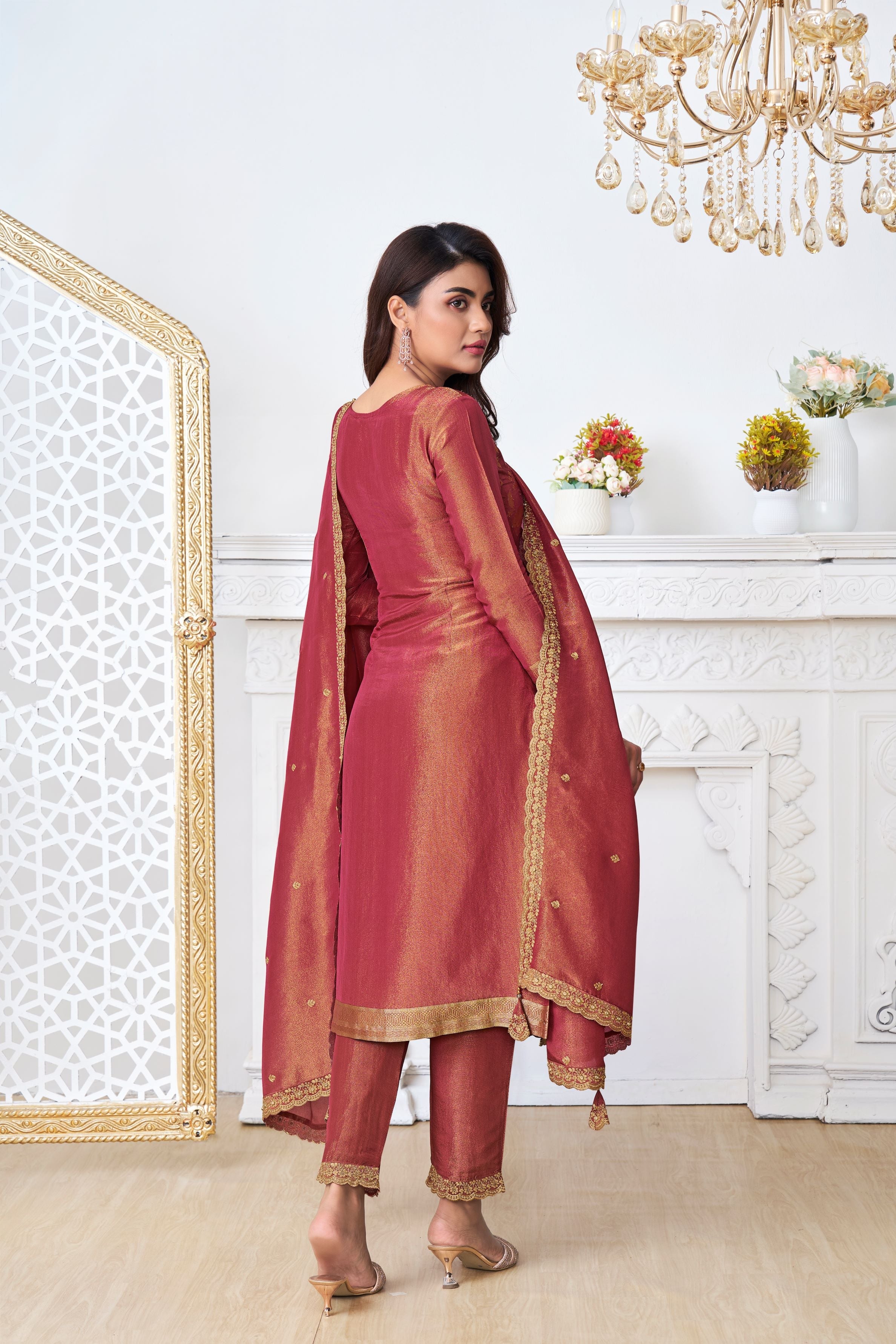 Salmon Red Banarasi Tissue Silk Pants Set