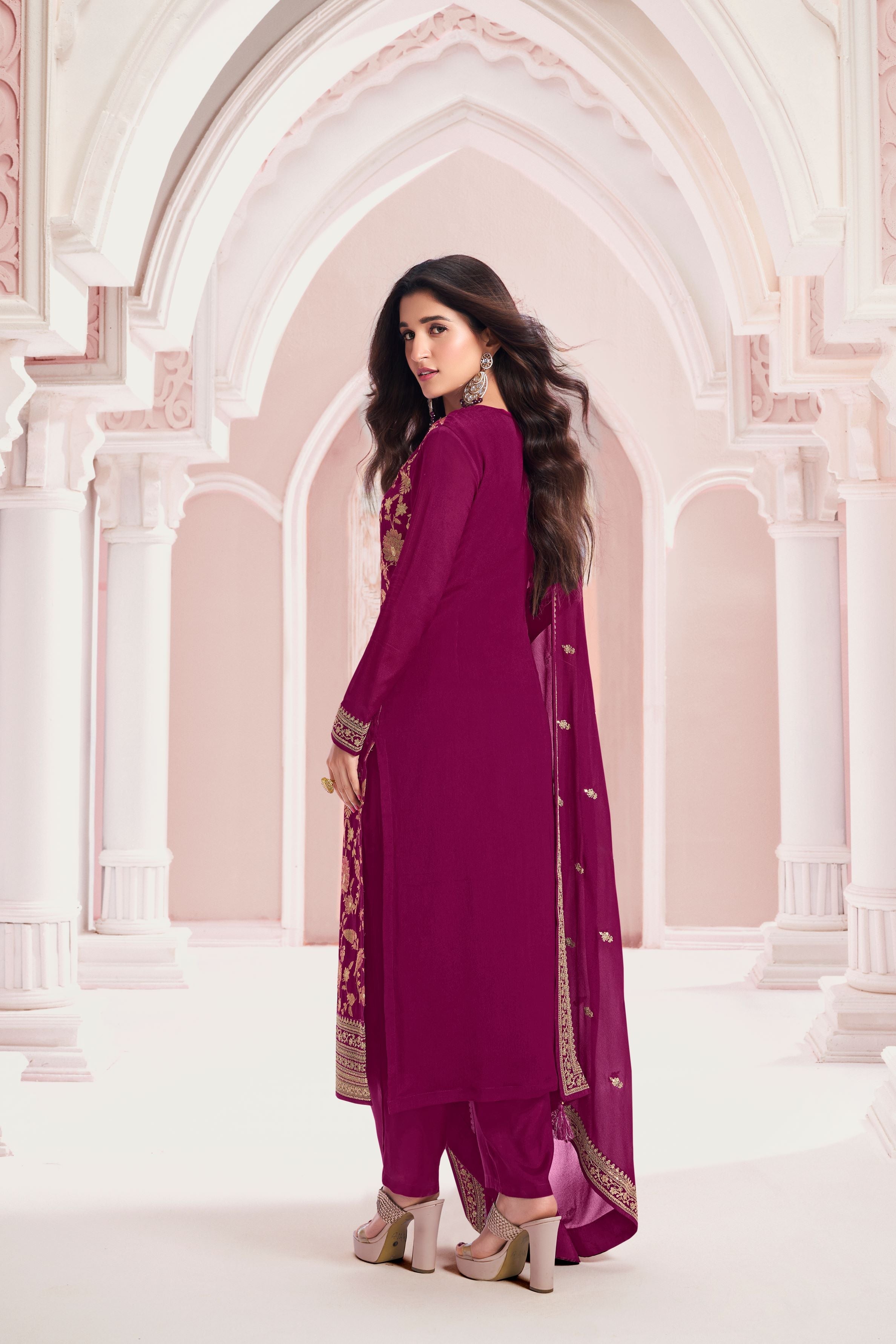 Deep Pink Banarasi Chinon Silk Pants Set