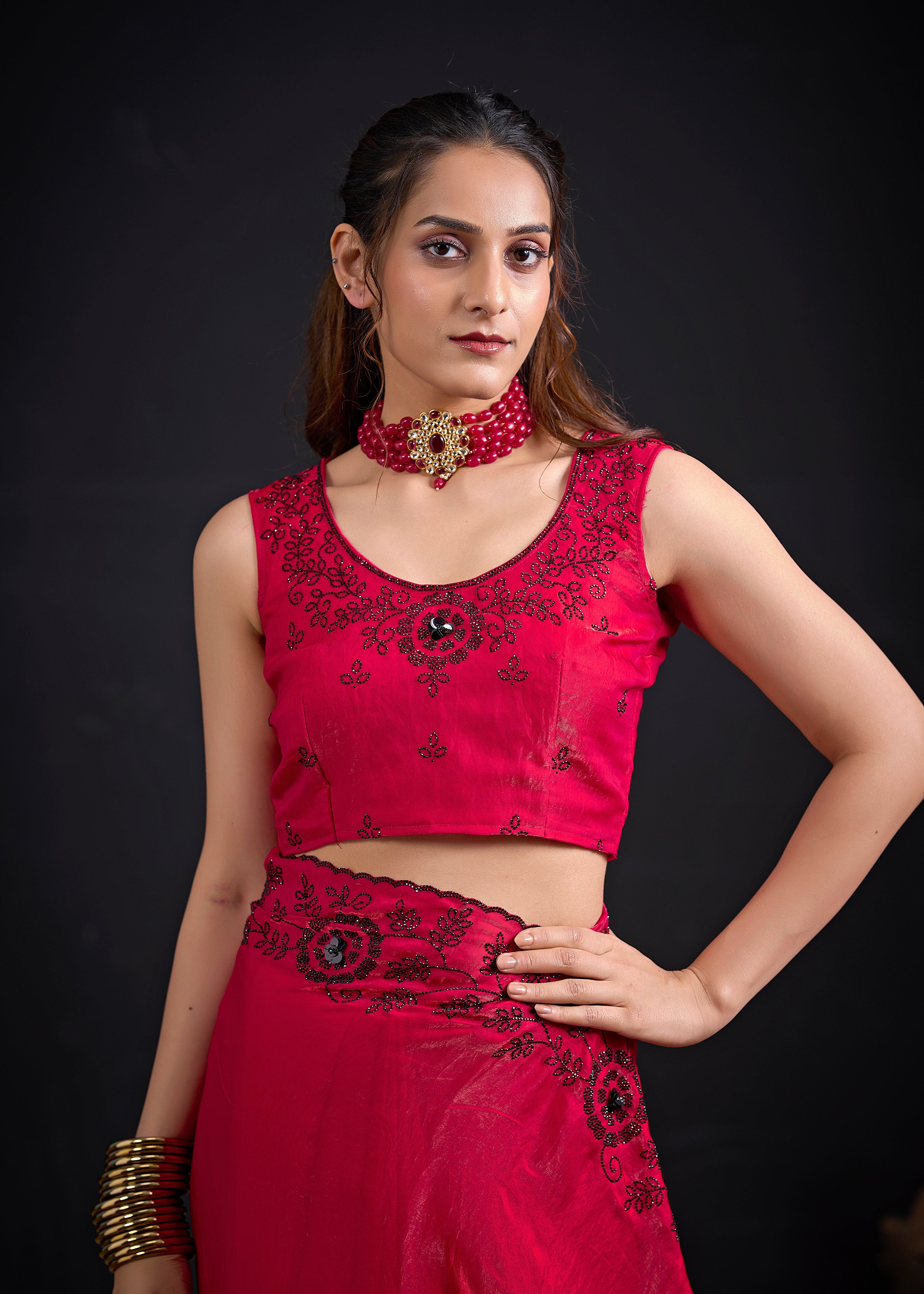 Cherry Red Embellished Tissue Silk Saree