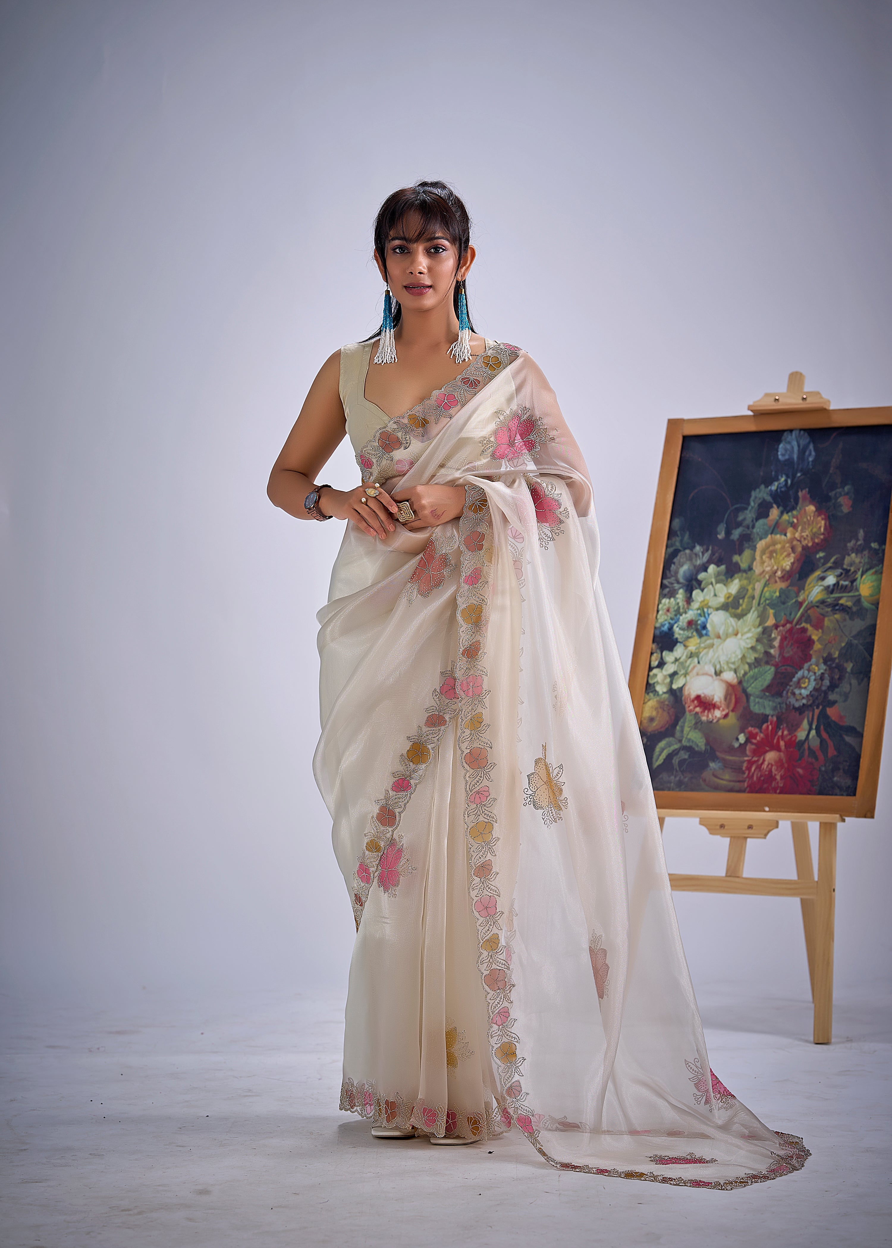 Shimmer Ivory Embellished Organza Tissue Saree