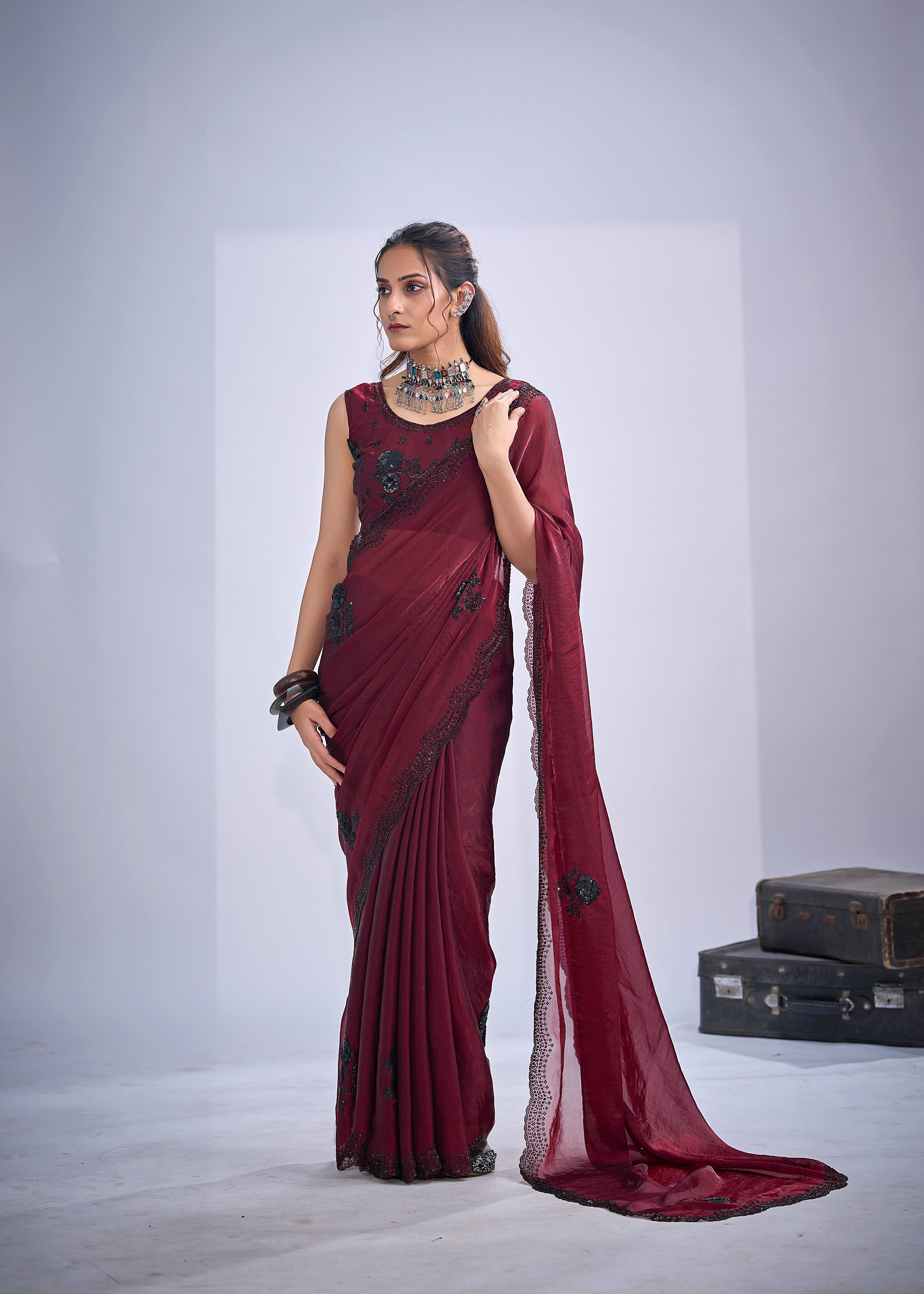 Deep Wine Embellished Tissue Silk Saree