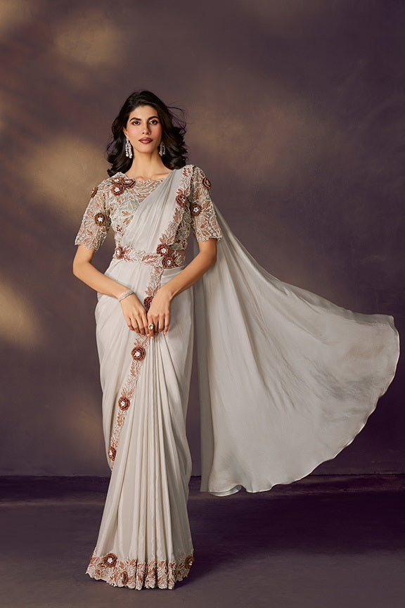 White Smoke Embellished Satin Silk Saree