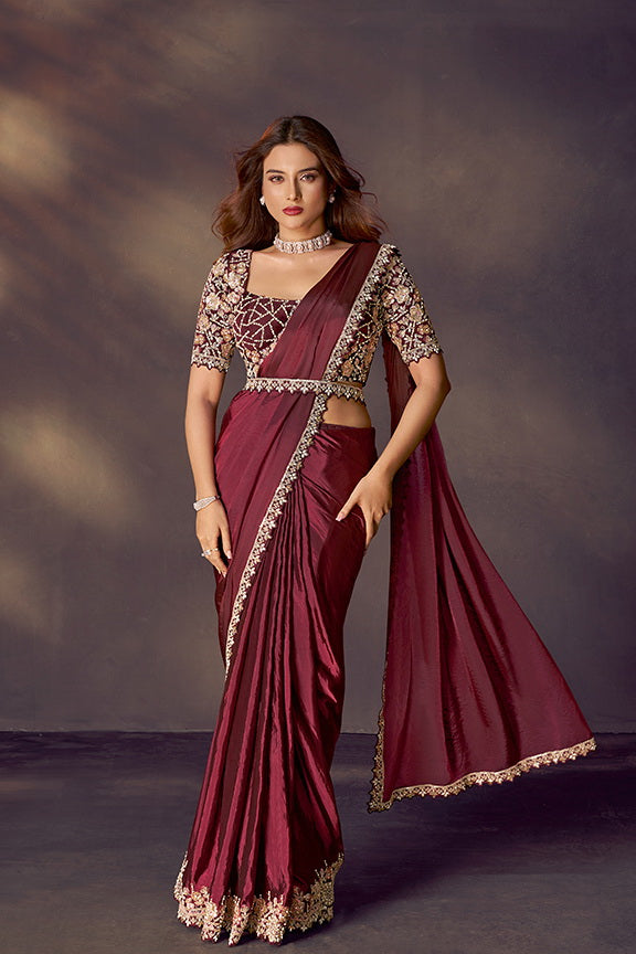 Claret Maroon Embellished Premium Silk Saree