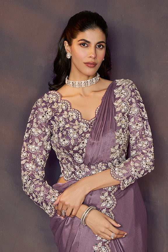 Dusty Mauve Embellished Satin Silk Saree