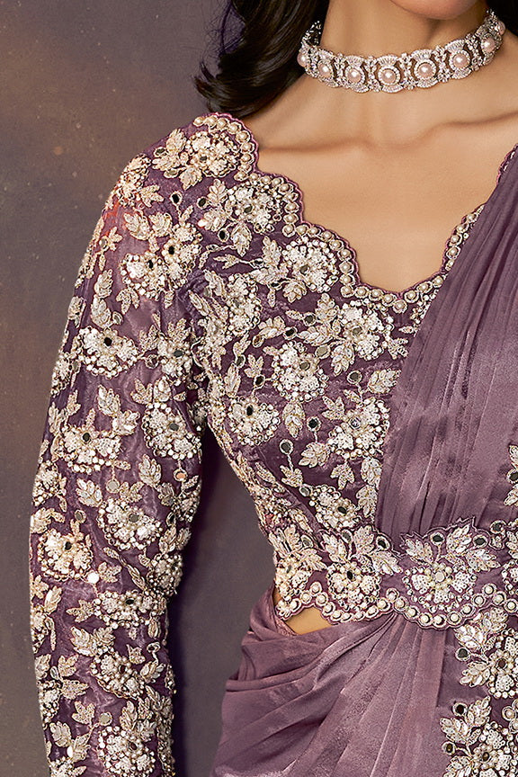 Dusty Mauve Embellished Satin Silk Saree
