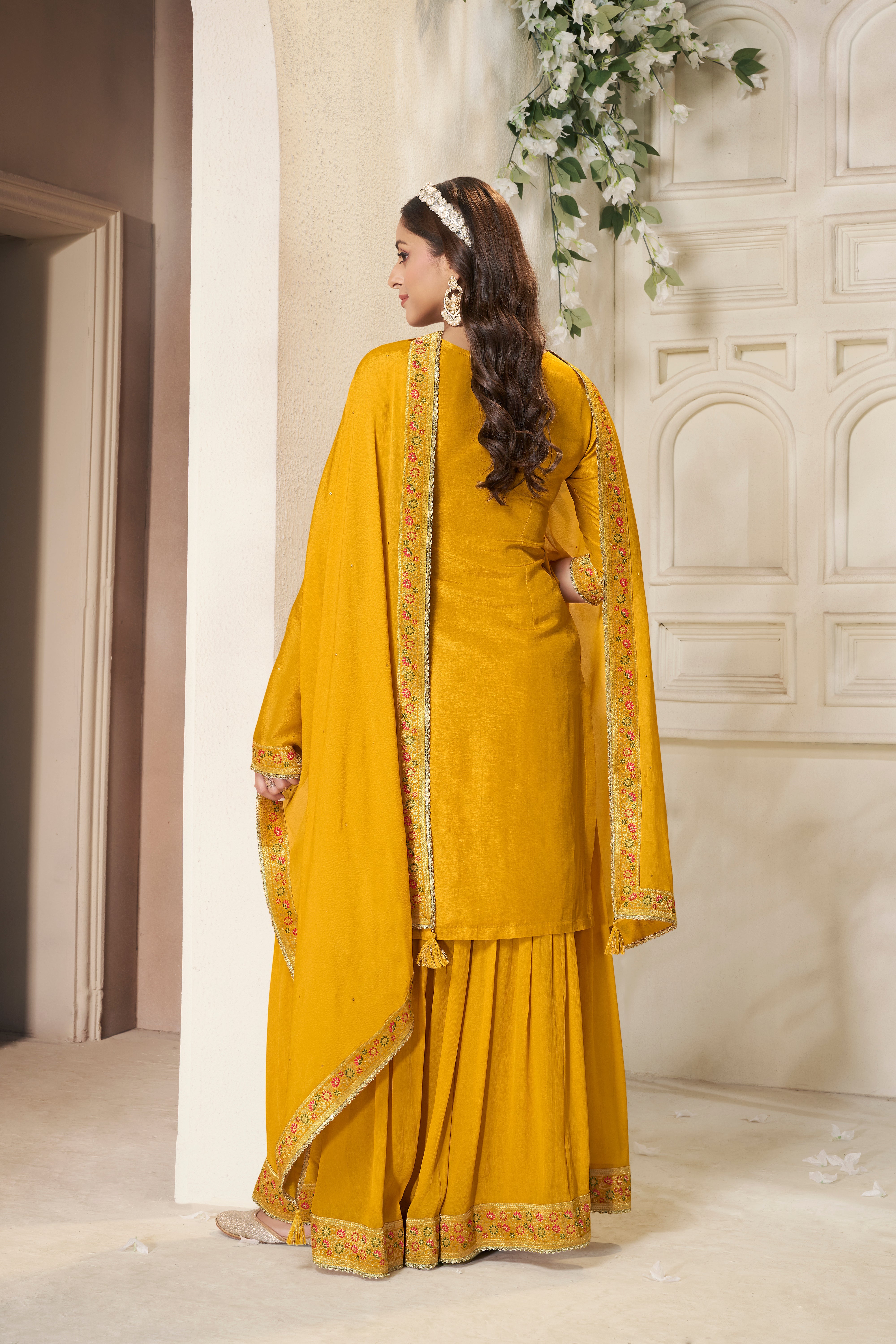 Festive Yellow Embellished Banarasi Silk Palazzo Set