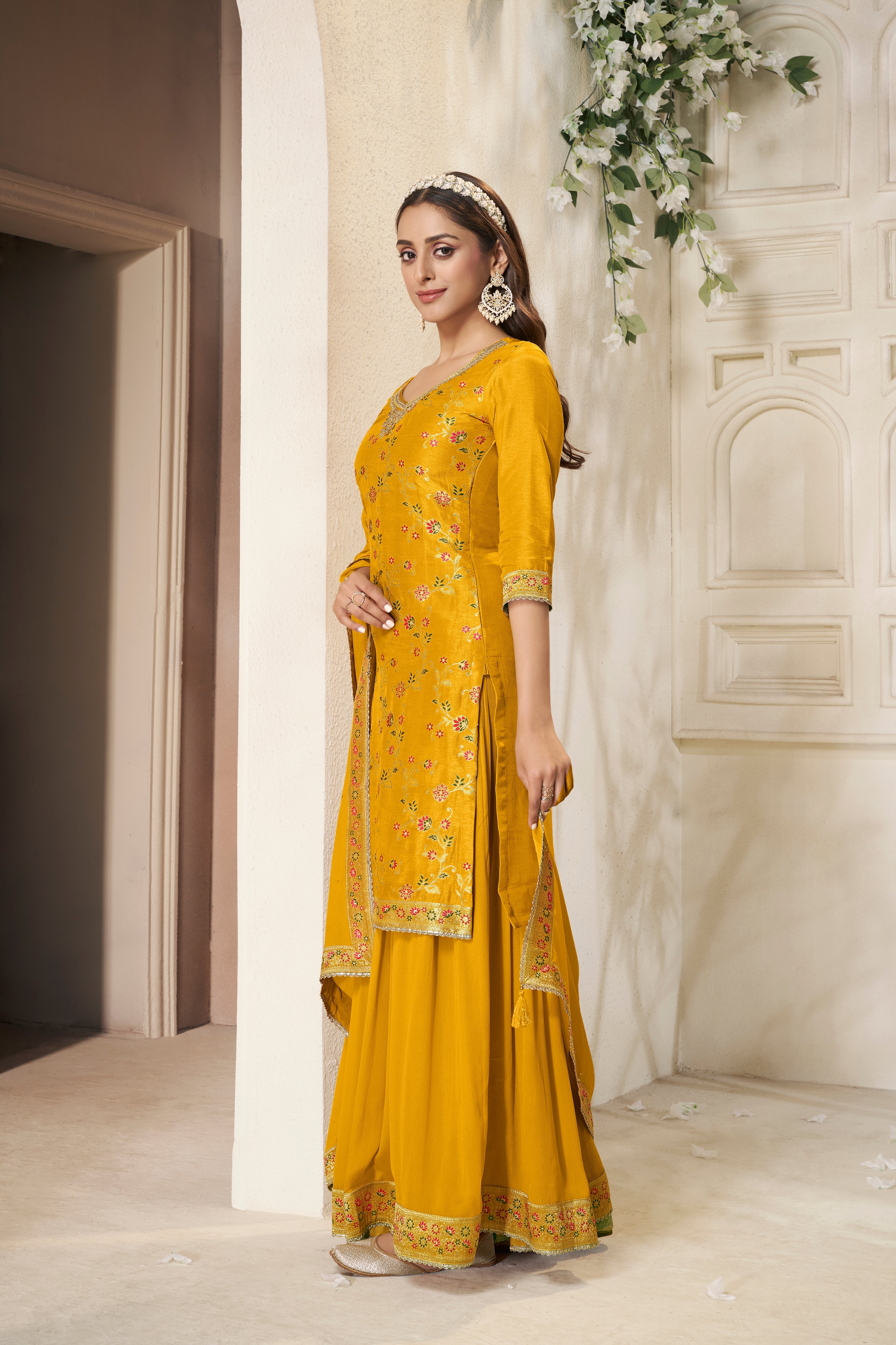 Festive Yellow Embellished Banarasi Silk Palazzo Set