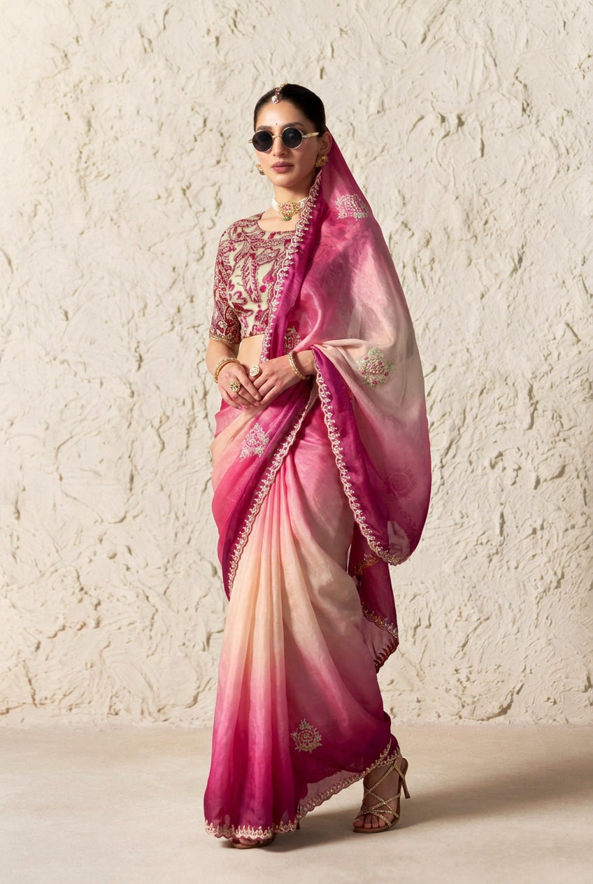 Pink Ombre Embellished Premium Soft Silk Saree