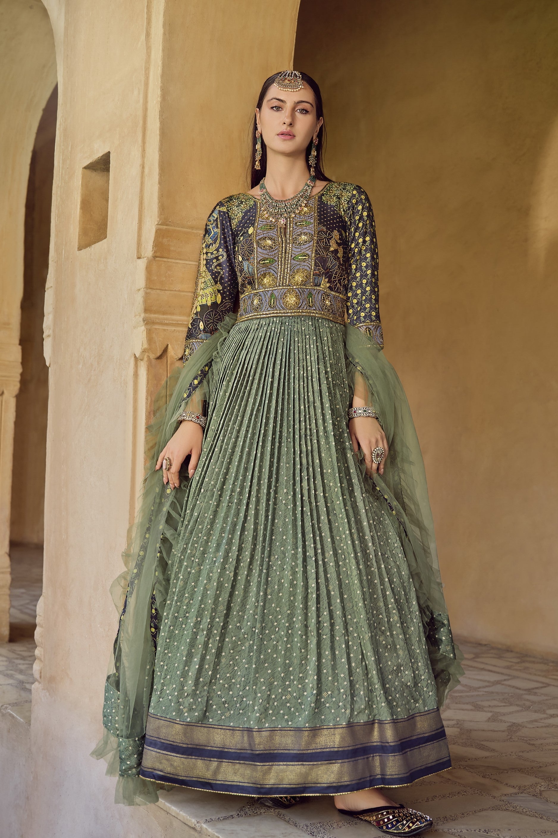 Green Divine Printed Premium Silk Anarkali Set