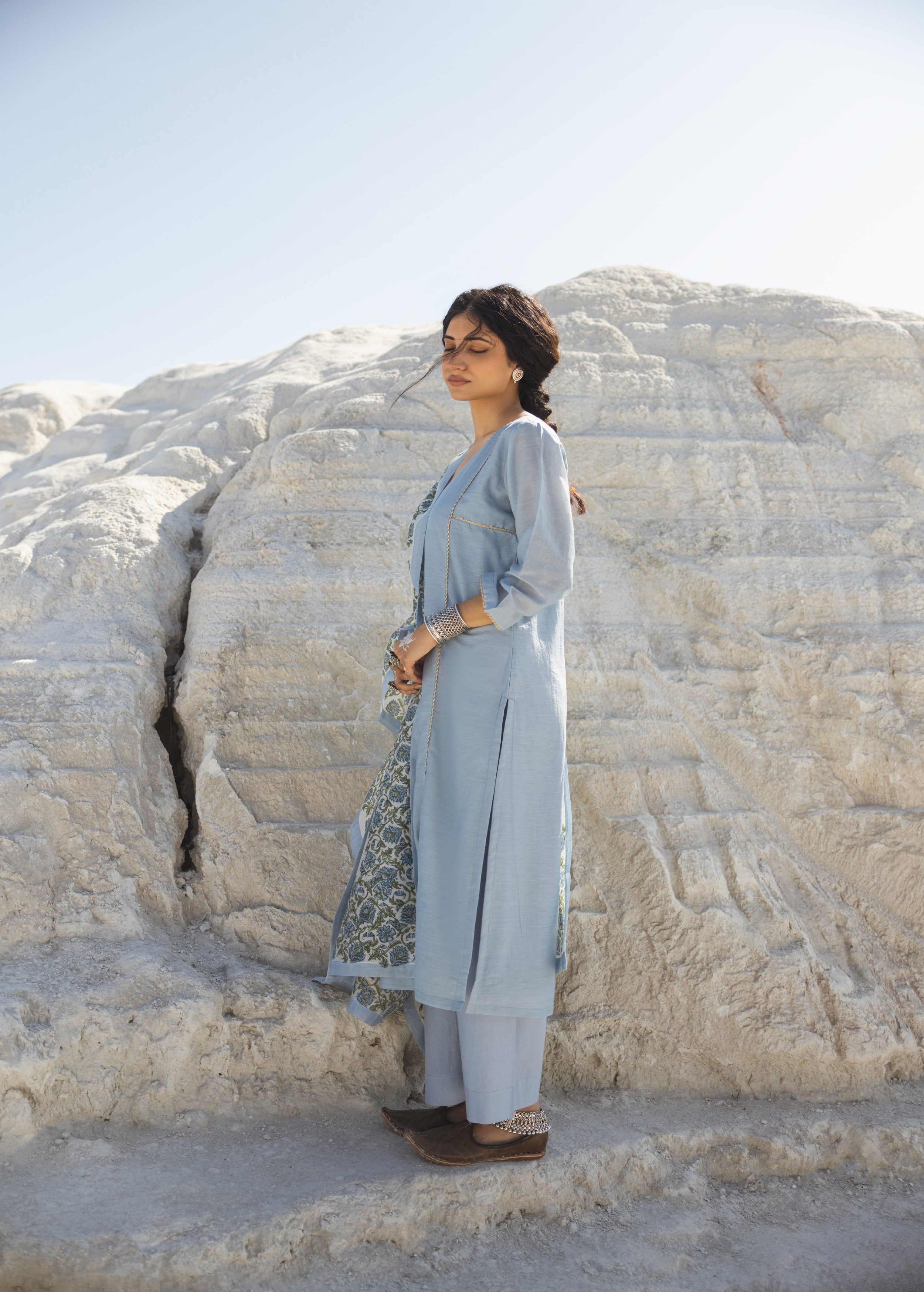 Powder Blue Embroidered Mul-Chanderi Silk Pant Set