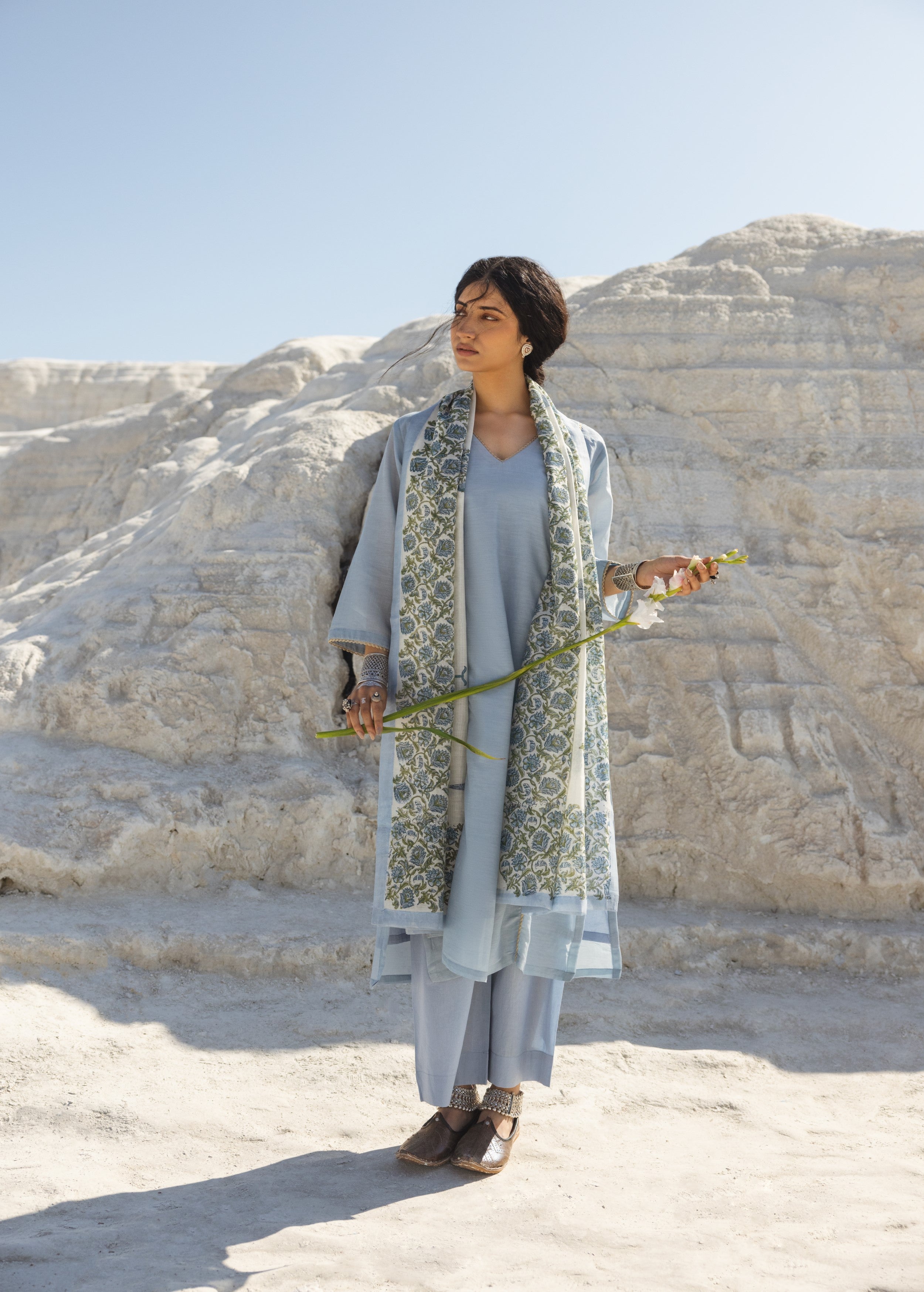 Powder Blue Embroidered Mul-Chanderi Silk Pant Set