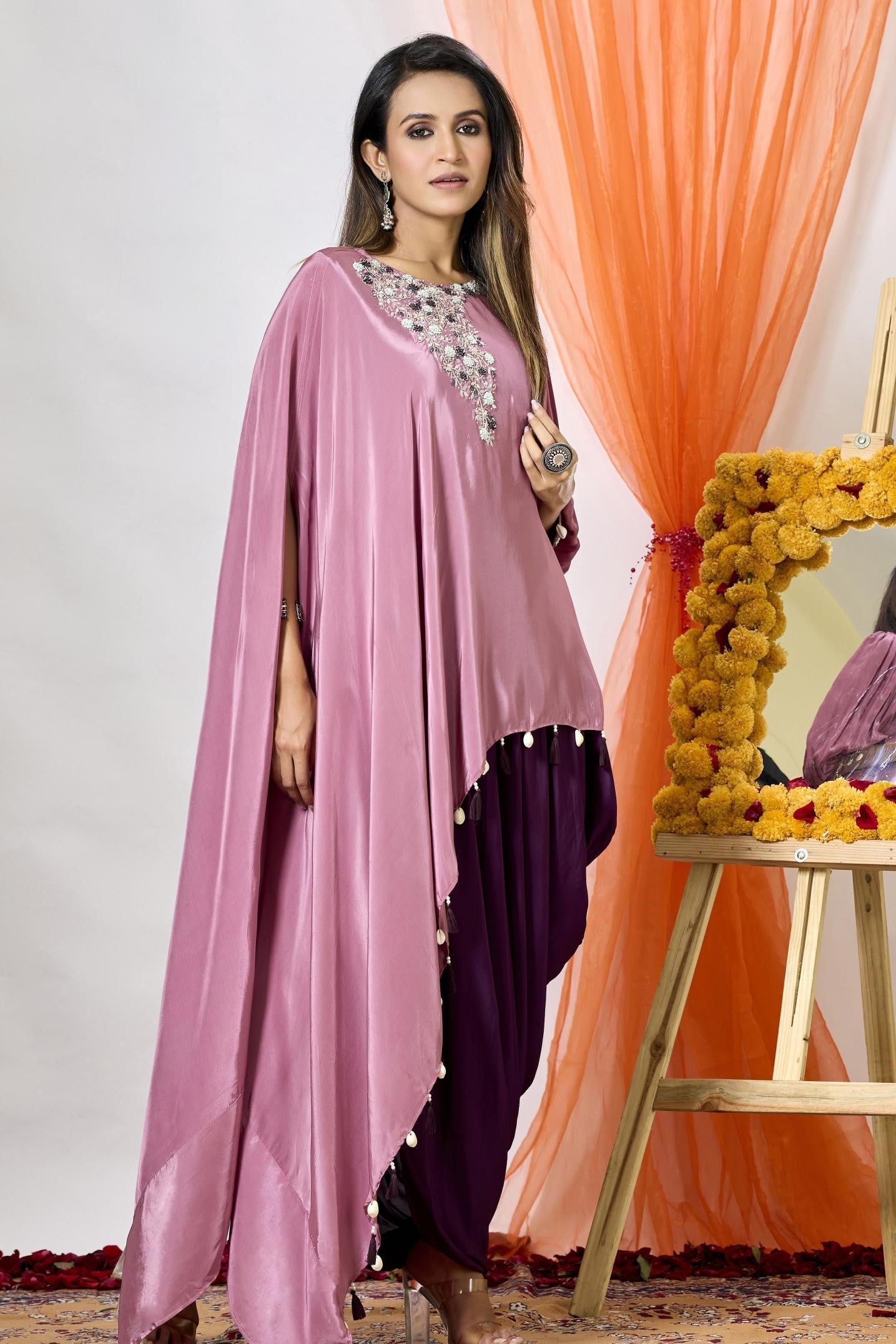 Soft Pink Embellished Satin Silk Tunic & Dhoti Set