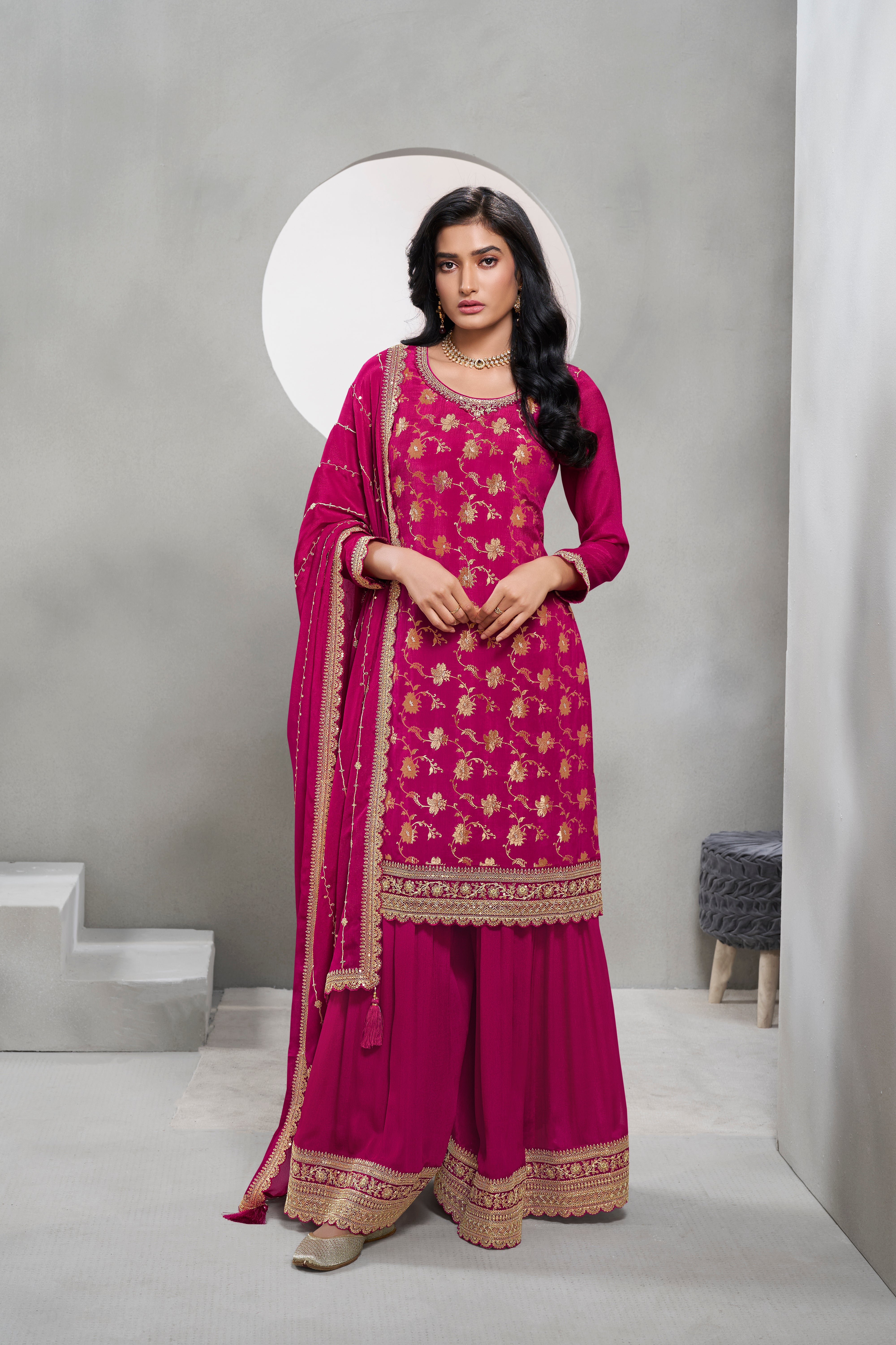 Magenta Pink Chinon Silk Kurta & Palazzo Set