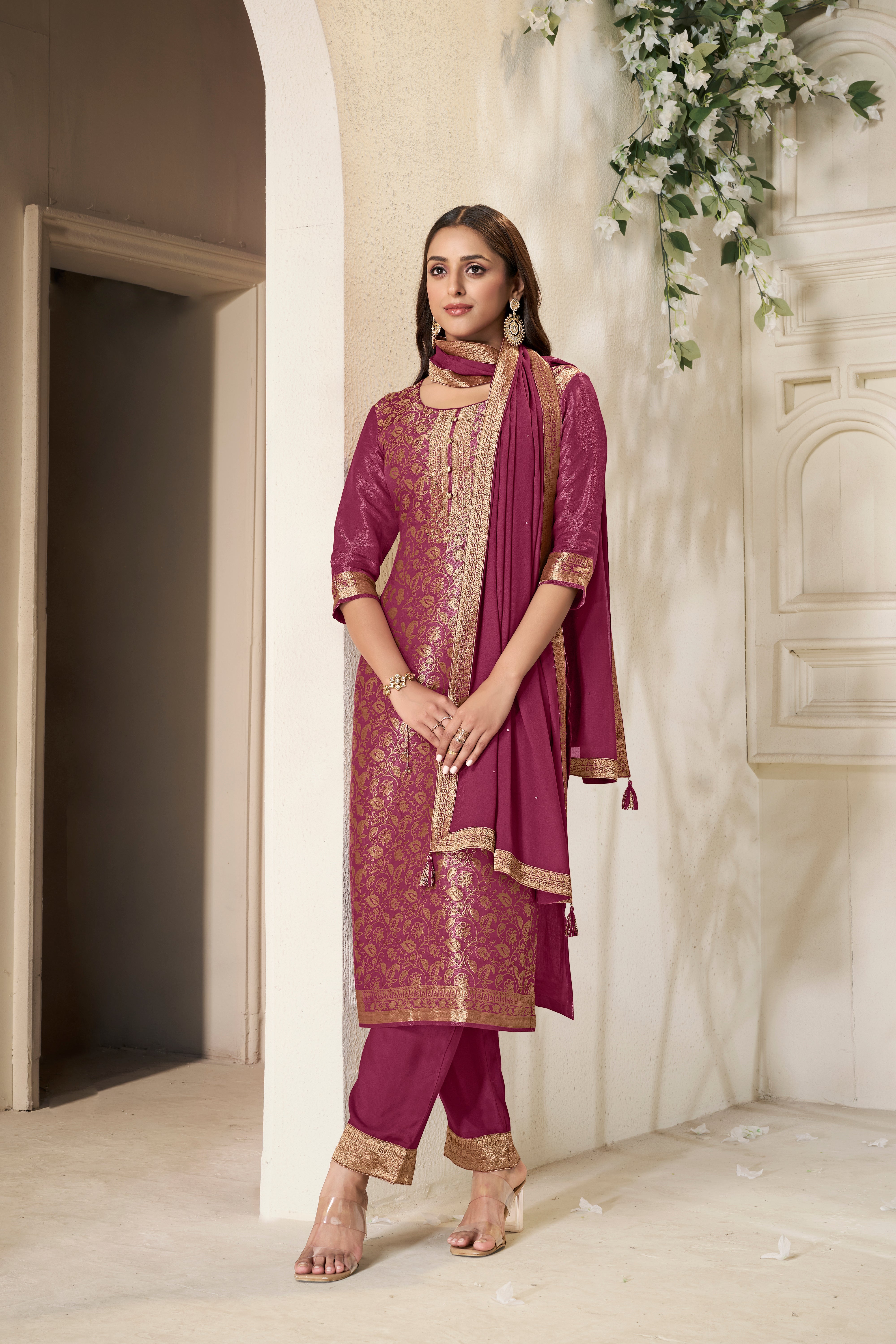 Burgundy Embellished Banarasi Silk Palazzo Set