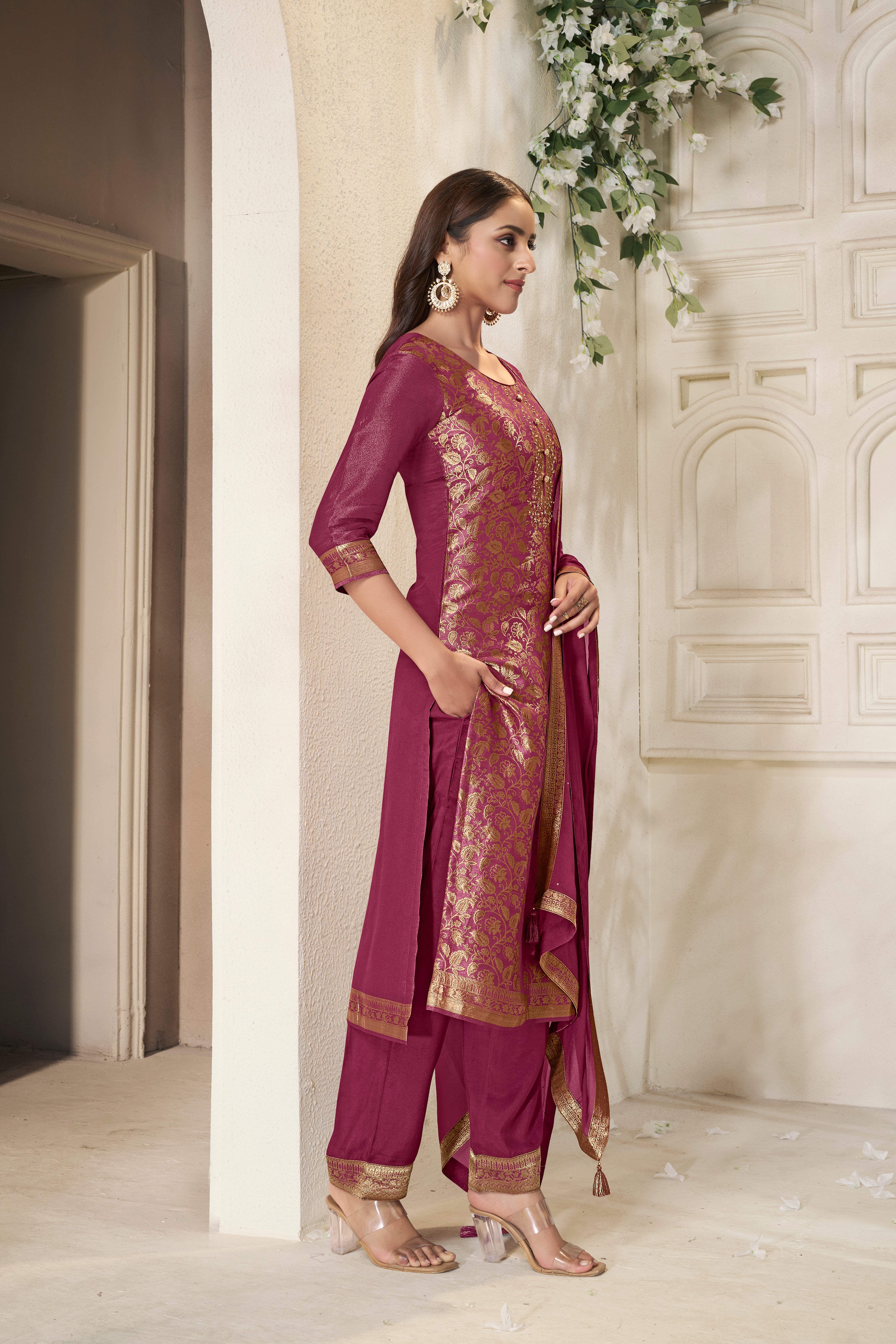 Burgundy Embellished Banarasi Silk Palazzo Set