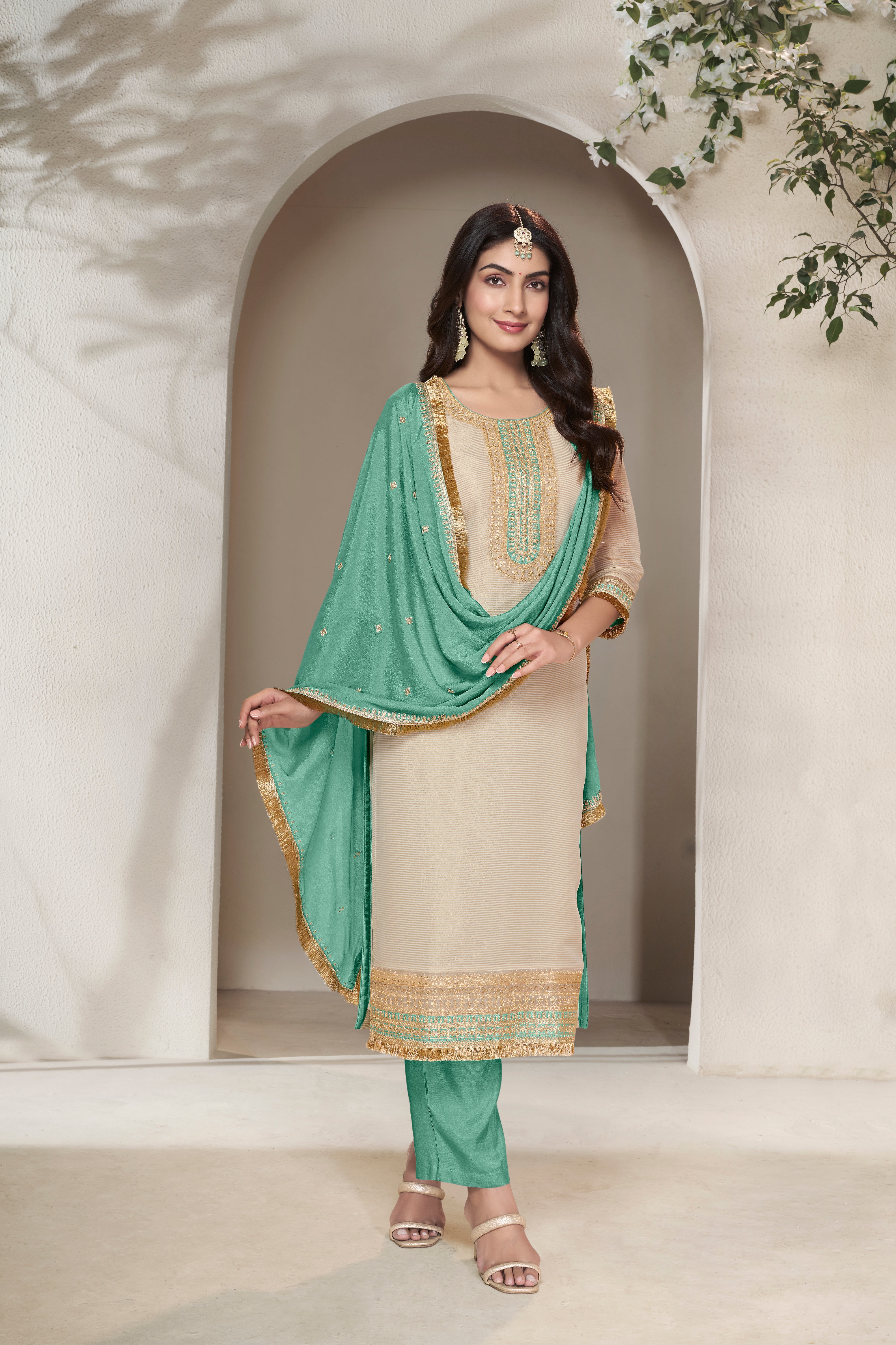 Beige Green Embellished Banarasi Silk Pants Set