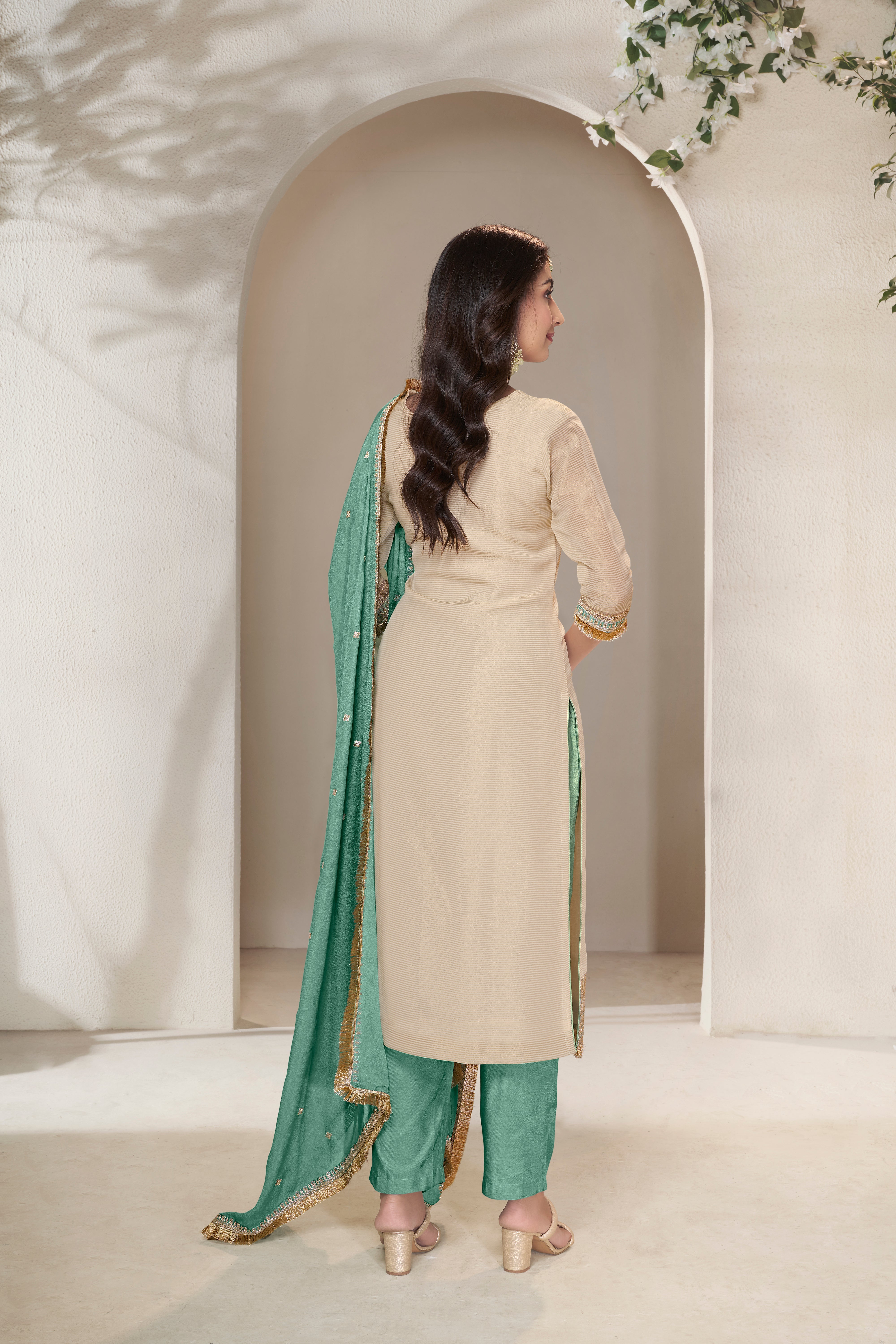 Beige Green Embellished Banarasi Silk Pants Set