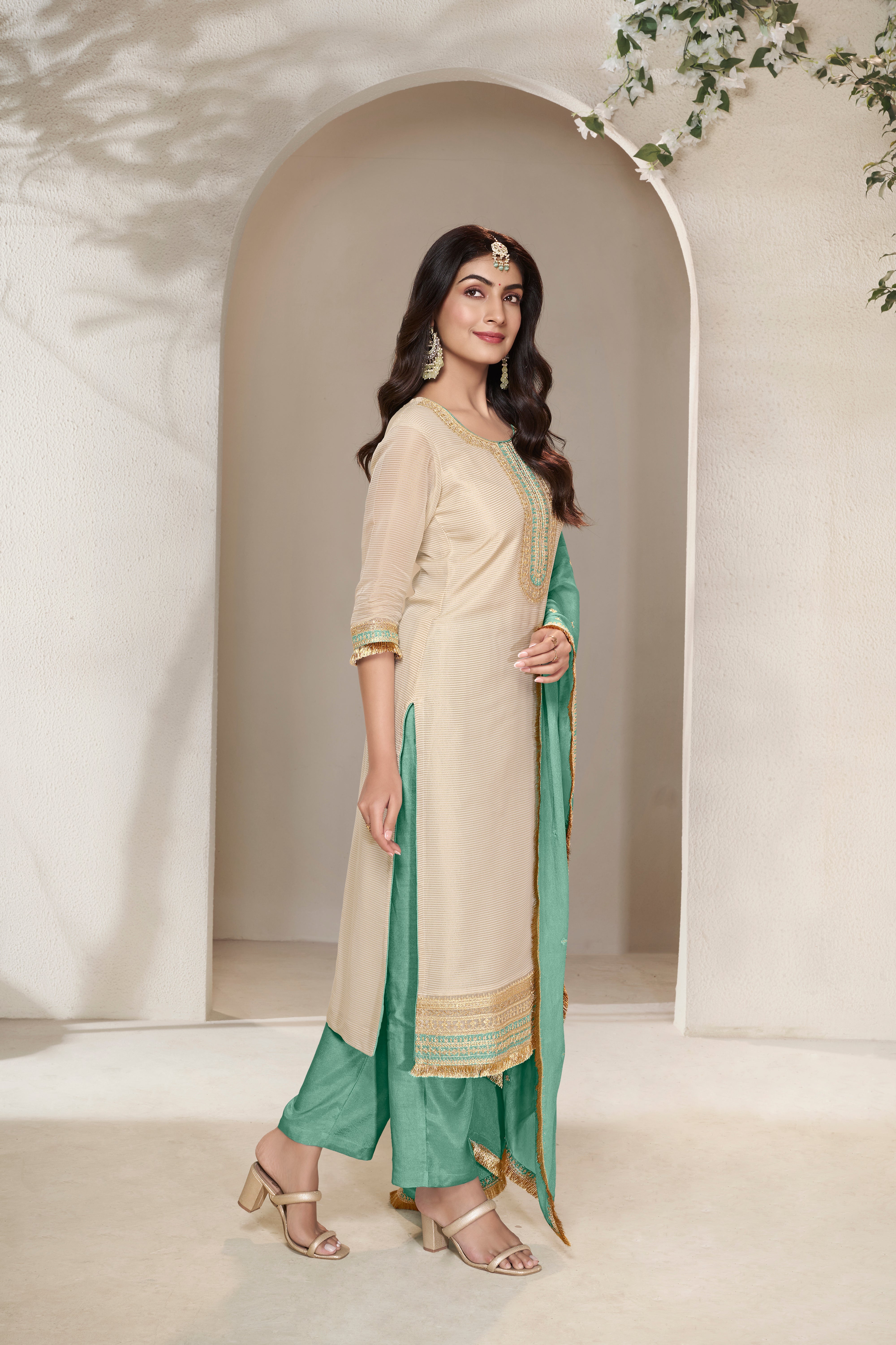 Beige Green Embellished Banarasi Silk Pants Set