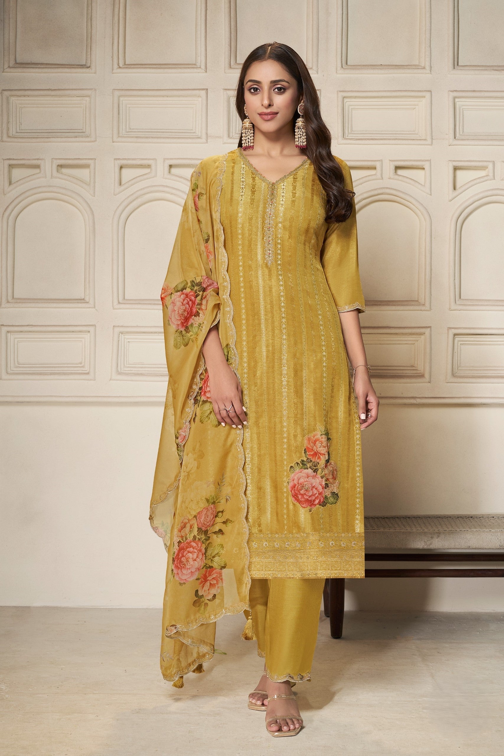 Mustard Dola Silk Kurta & Pant Set