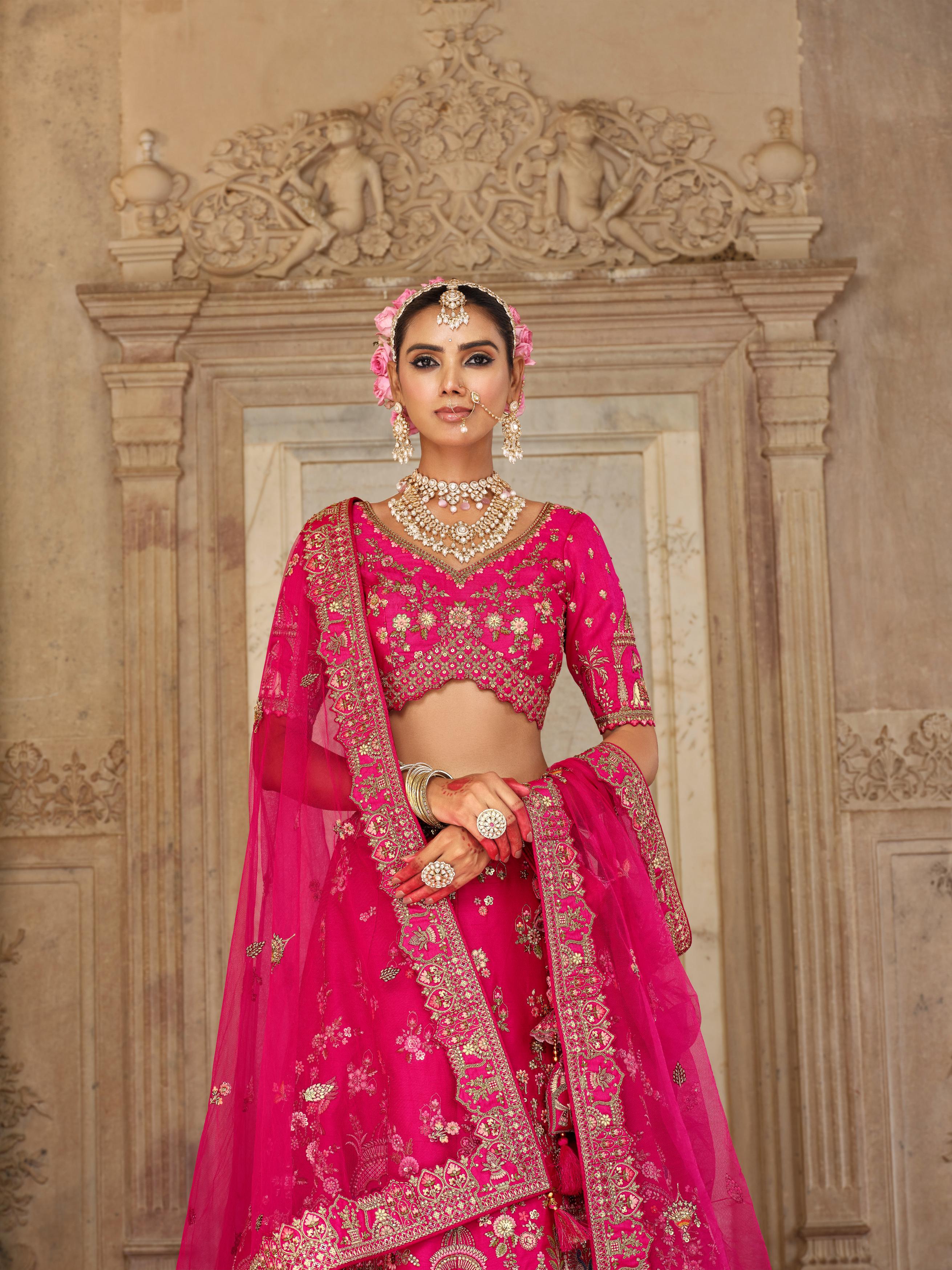 Royal Pink Embellished Premium Silk Bridal Lehenga Set