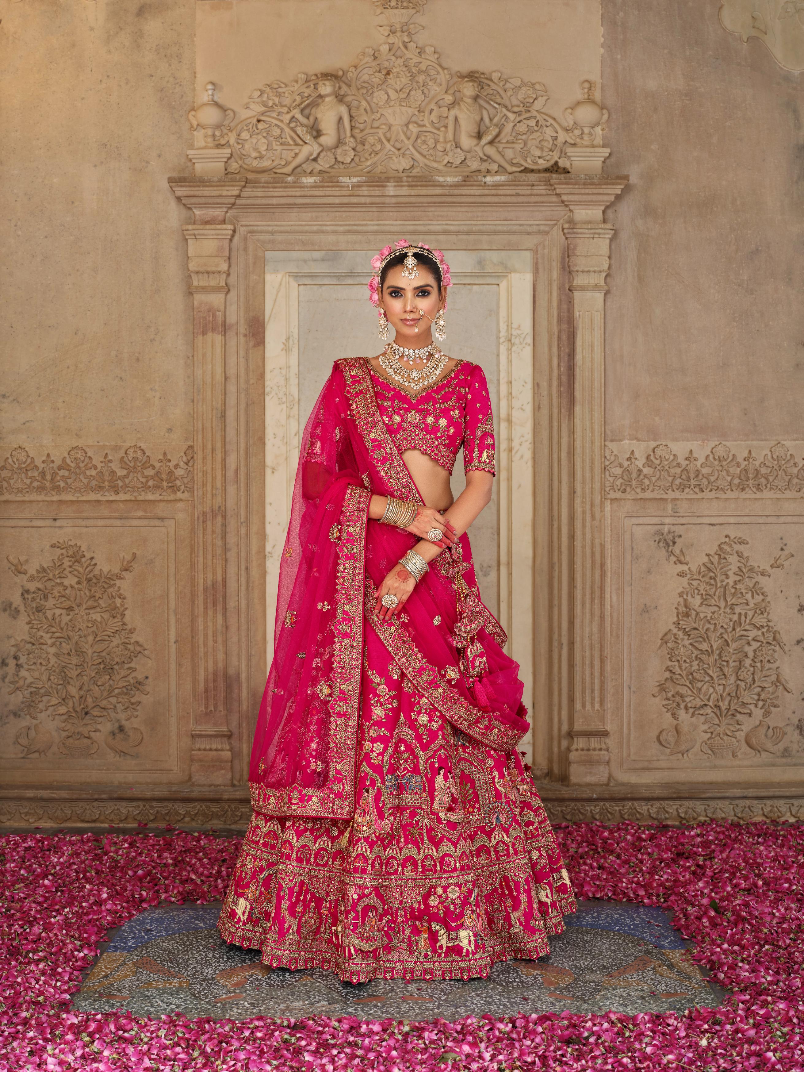 Royal Pink Embellished Premium Silk Bridal Lehenga Set