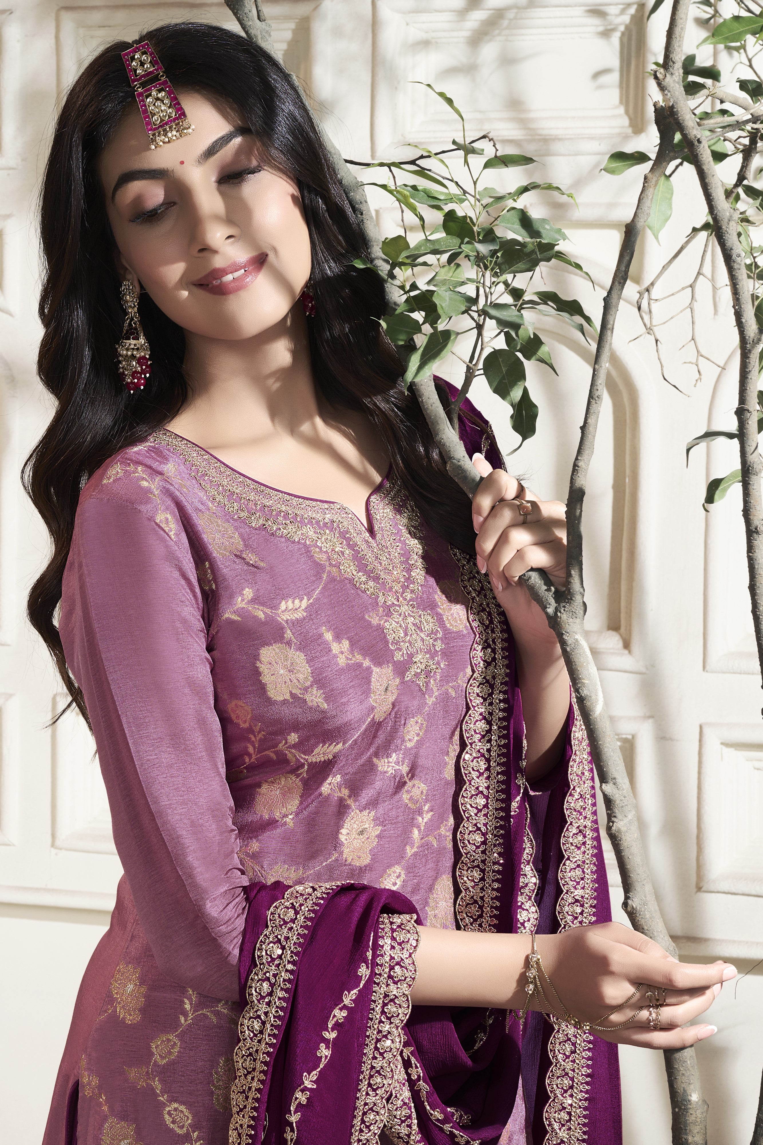 Fine Wine Embellished Banarasi Silk Palazzo Set