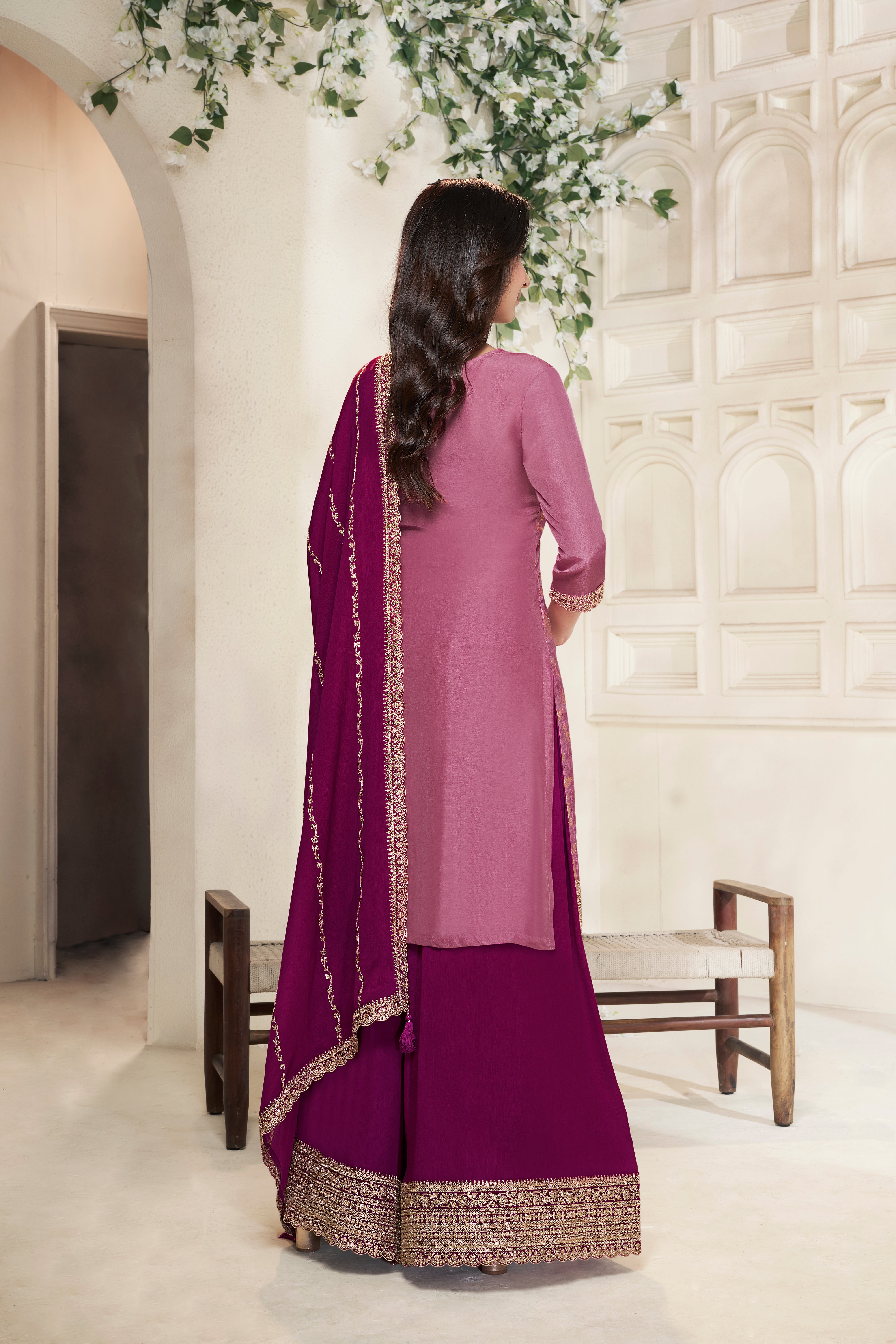 Fine Wine Embellished Banarasi Silk Palazzo Set