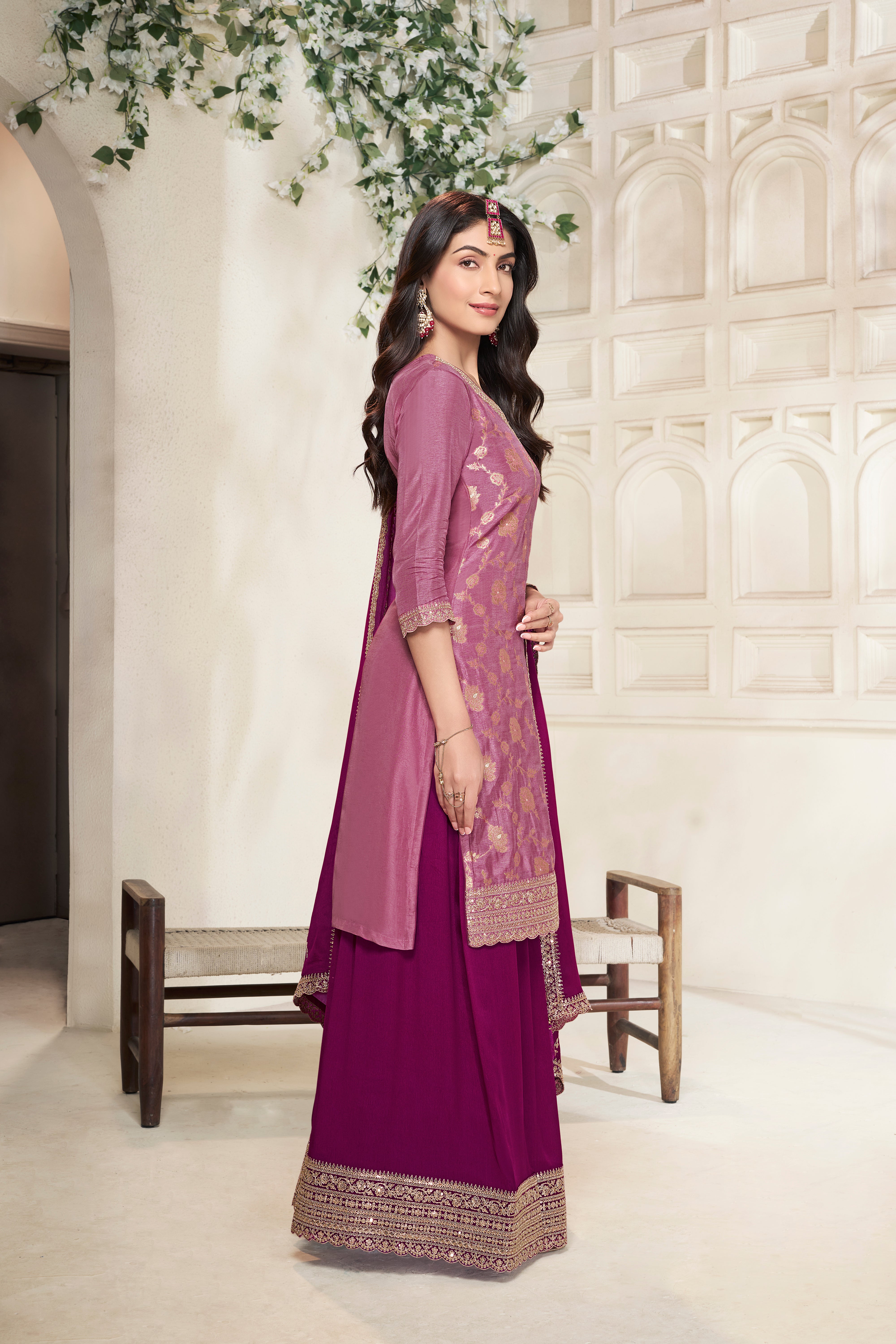 Fine Wine Embellished Banarasi Silk Palazzo Set