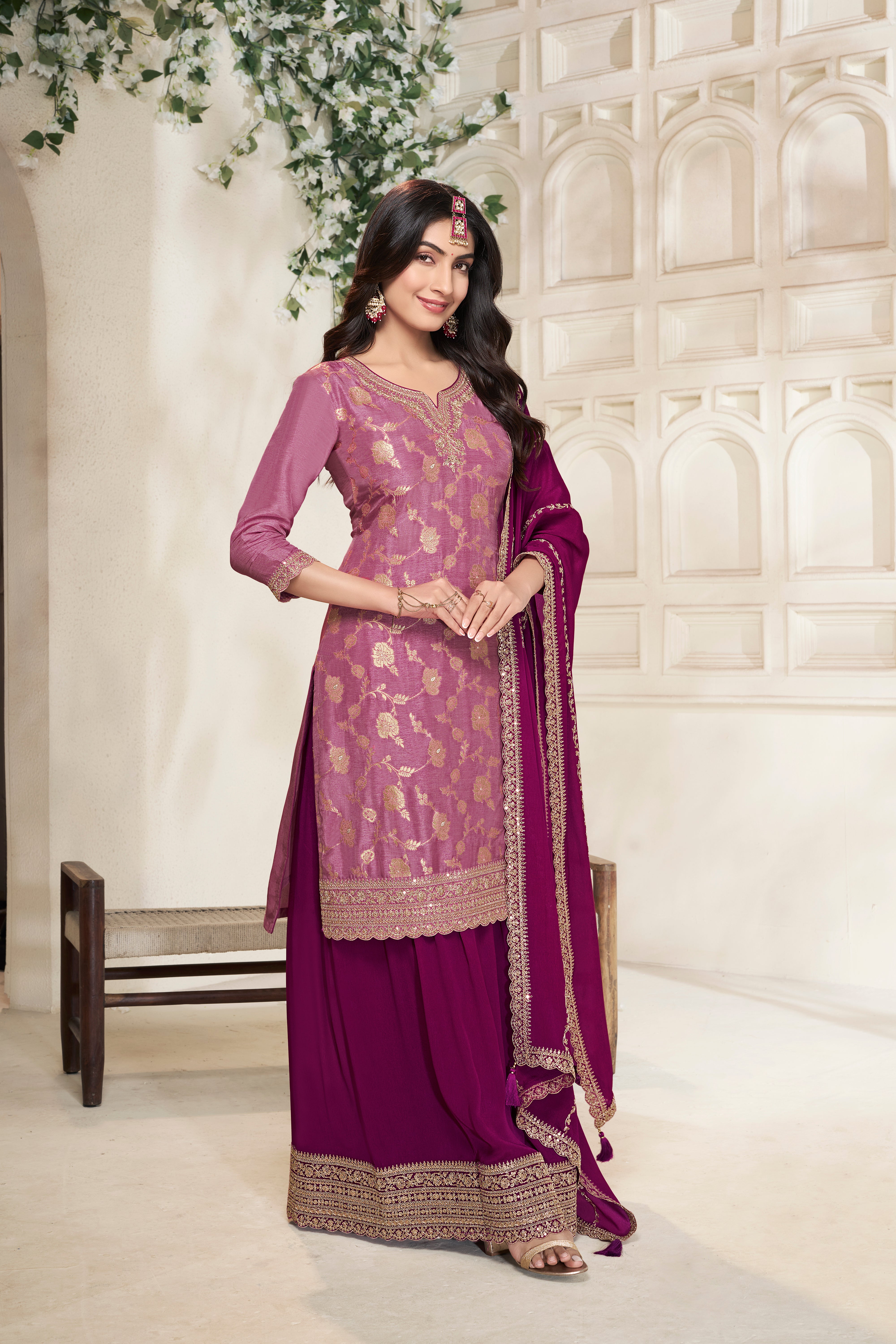 Fine Wine Embellished Banarasi Silk Palazzo Set