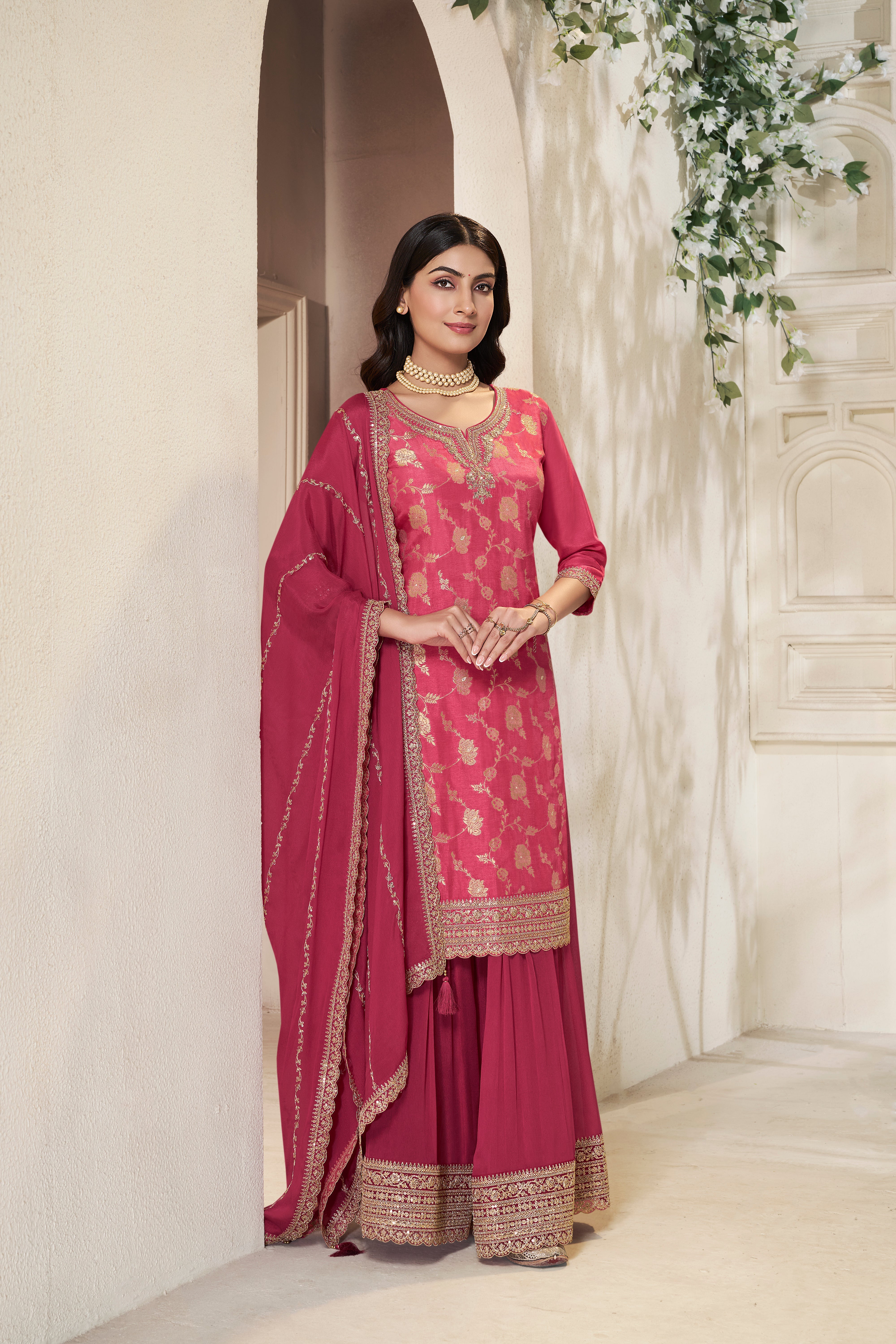 Cerise Pink Embellished Banarasi Silk Palazzo Set