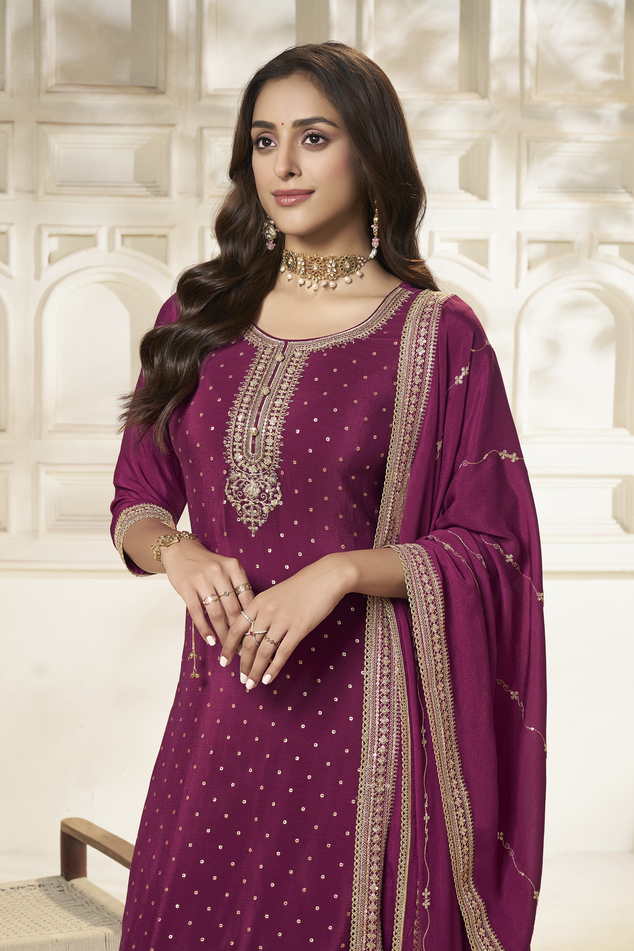 Wine Chinon Silk Kurta & Divider Sharara Set