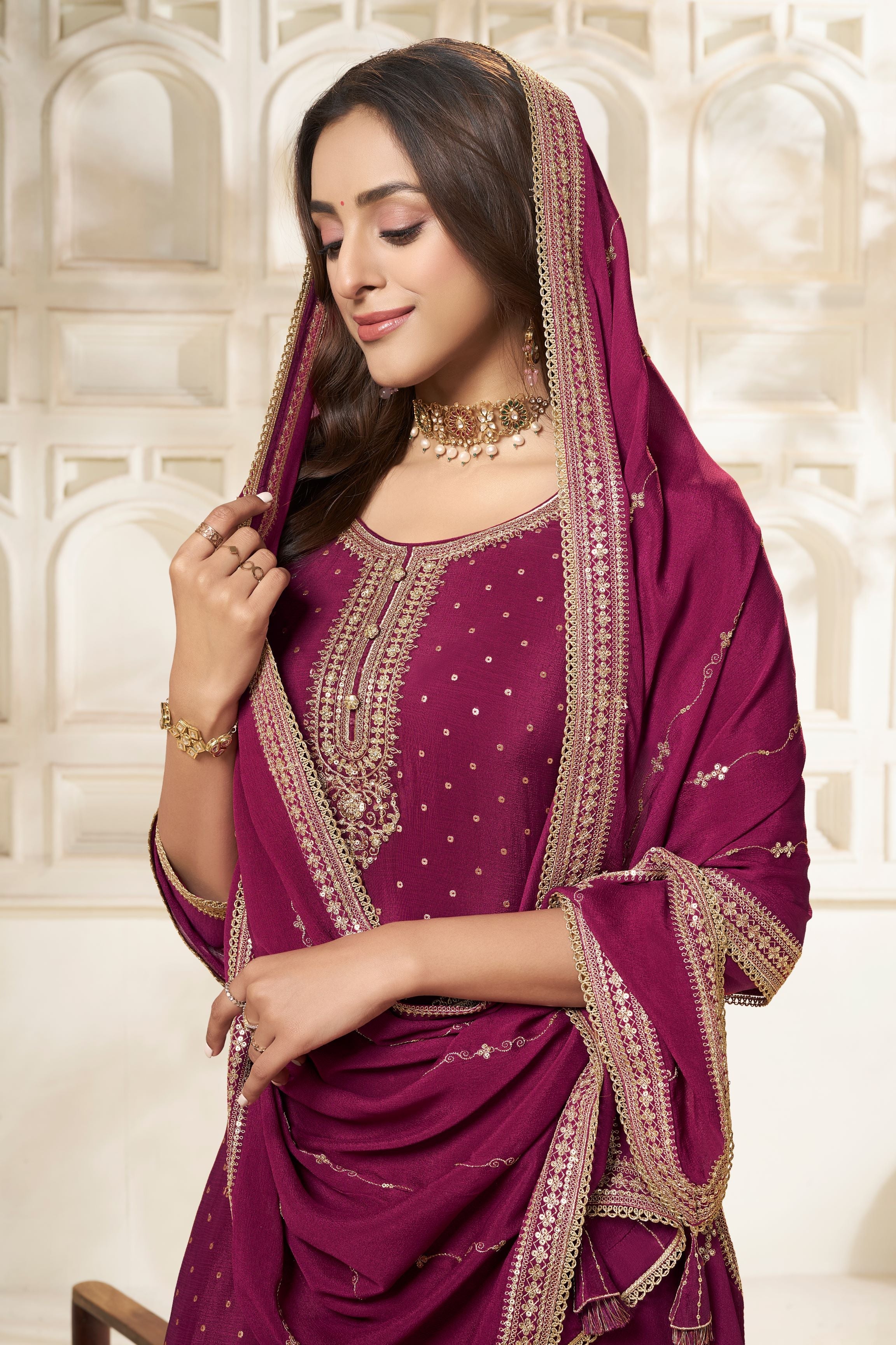 Wine Chinon Silk Kurta & Divider Sharara Set