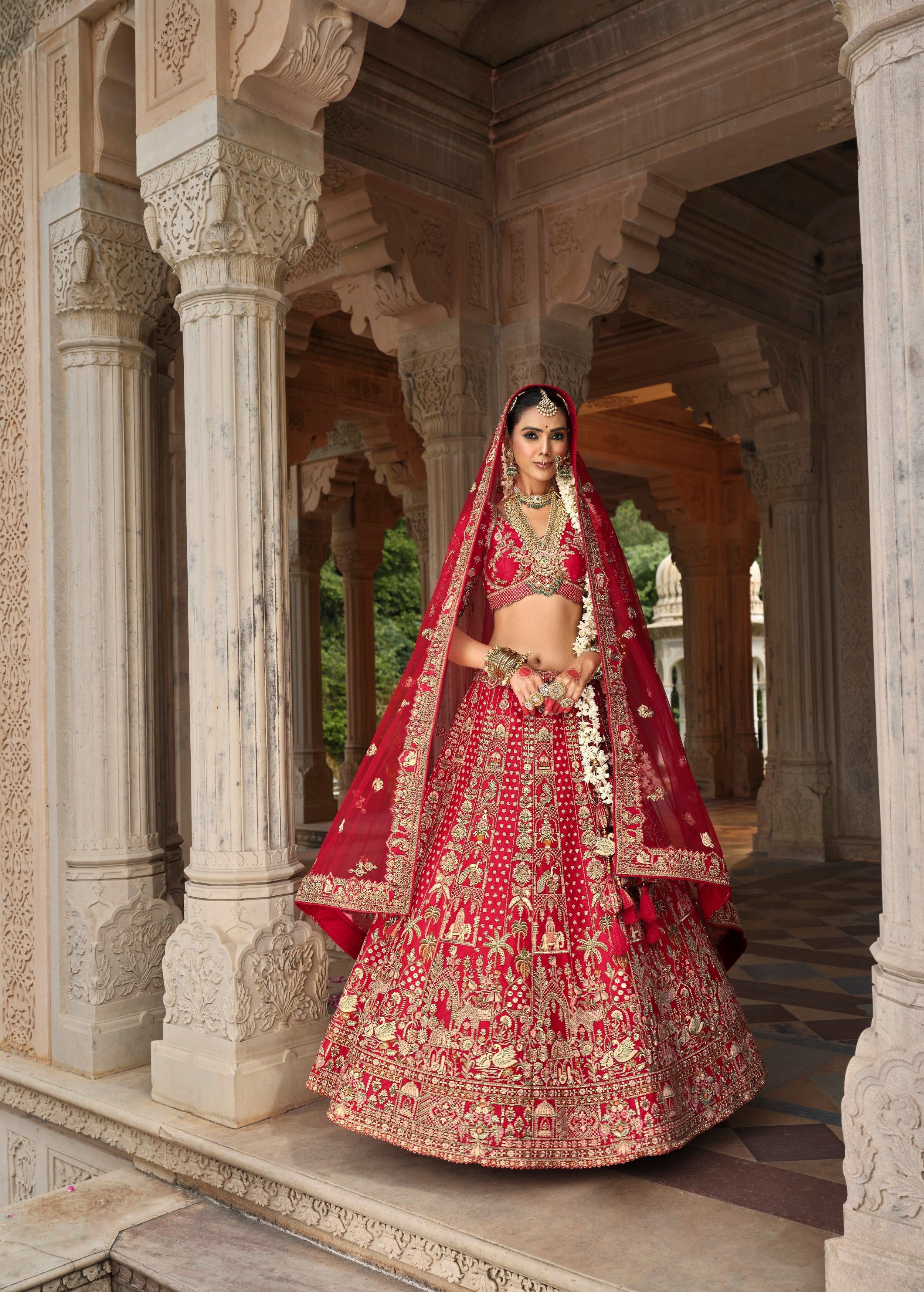 Scarlet Red Embellished Premium Silk Bridal Lehenga Set