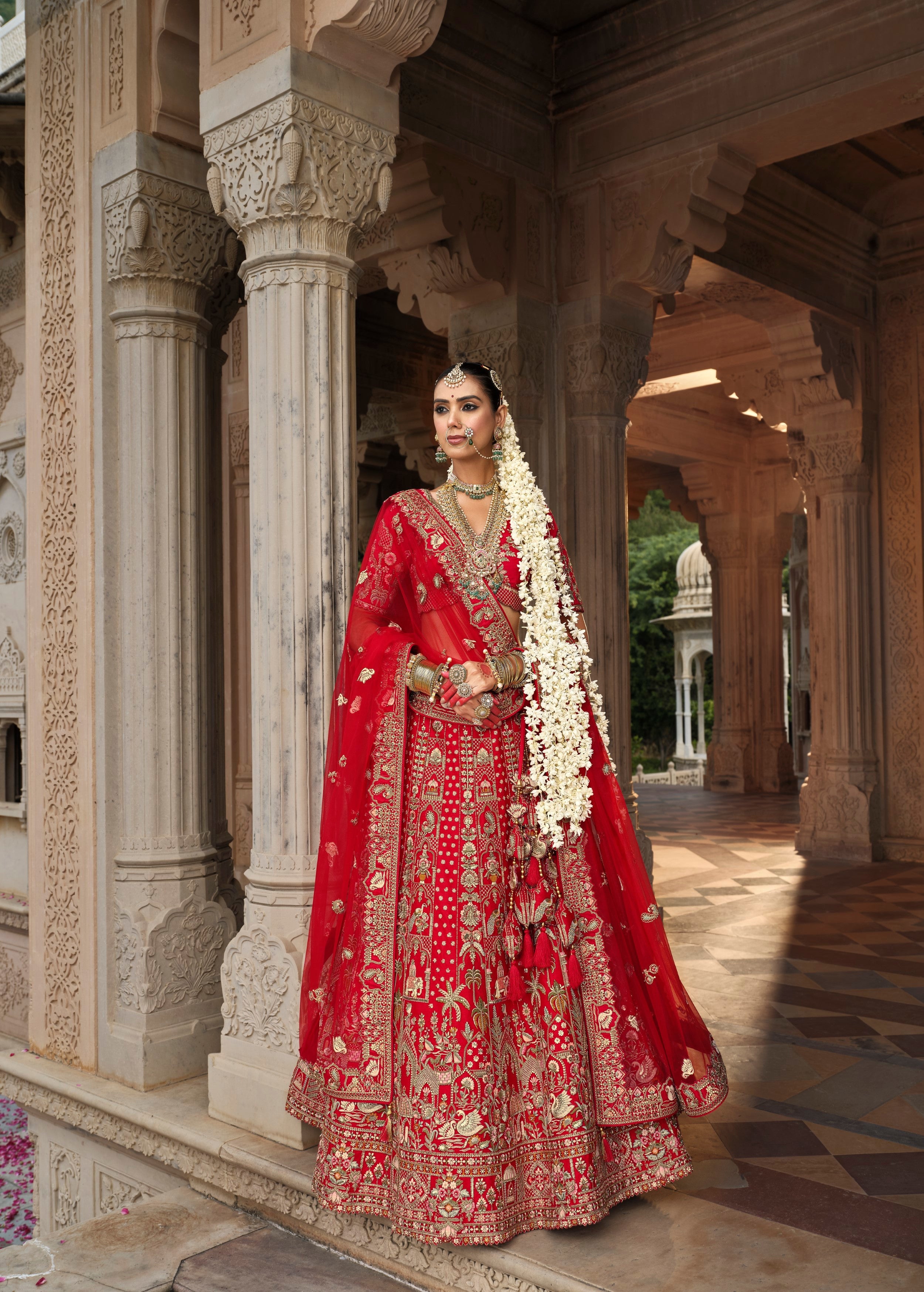 Scarlet Red Embellished Premium Silk Bridal Lehenga Set