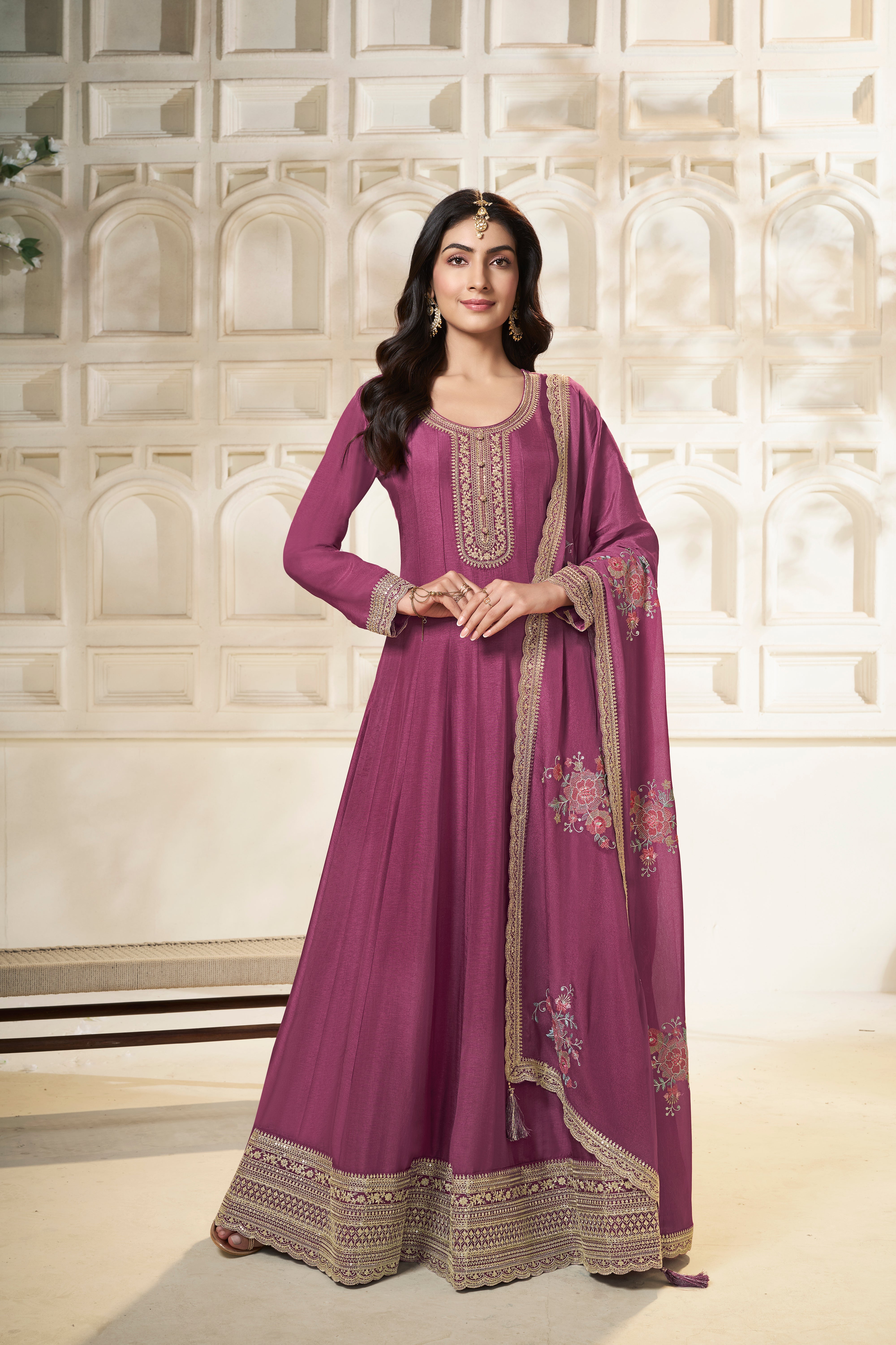 Wine Pink Dola Silk Anarkali Set