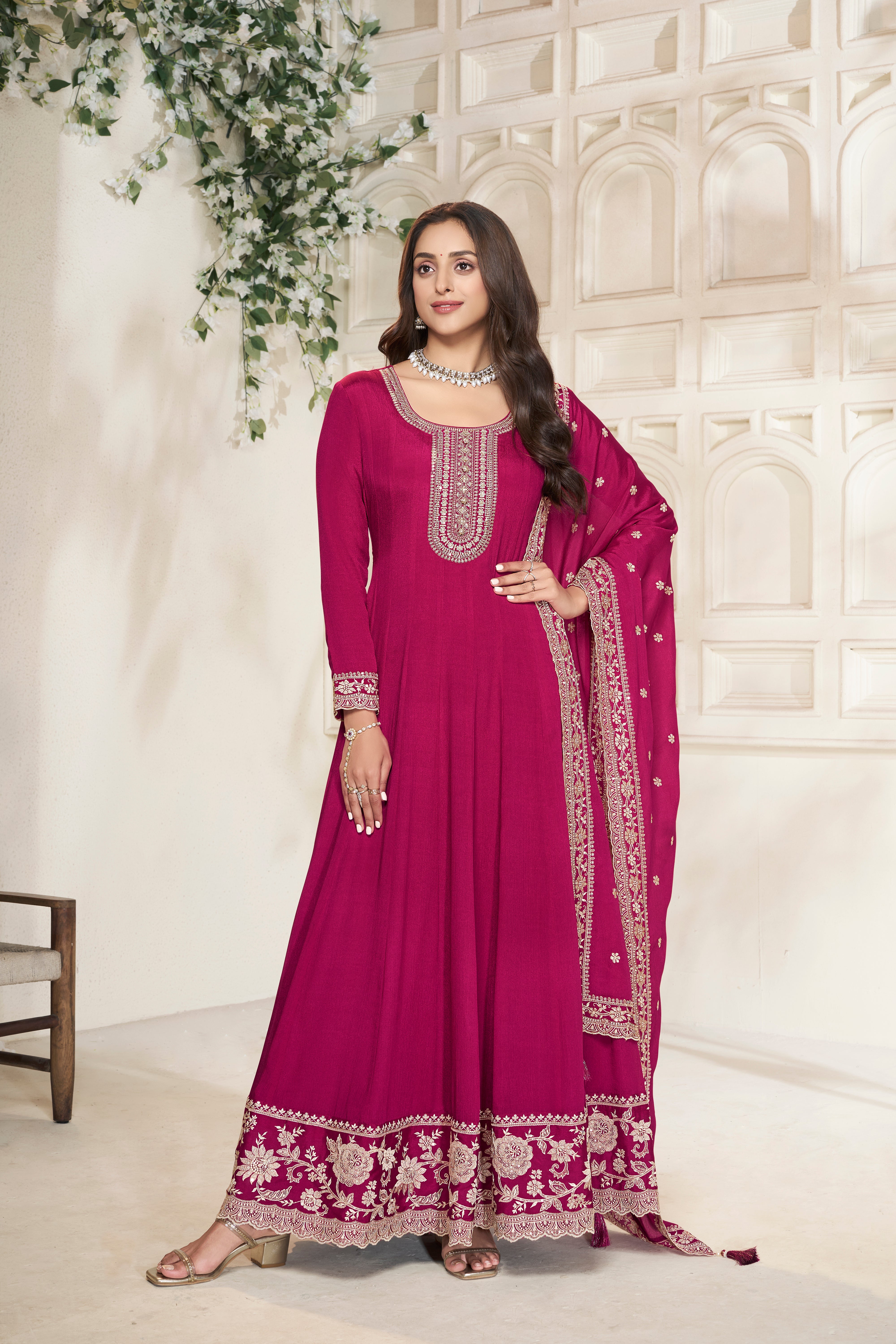 Deep Pink Embroidered Anarkali Set
