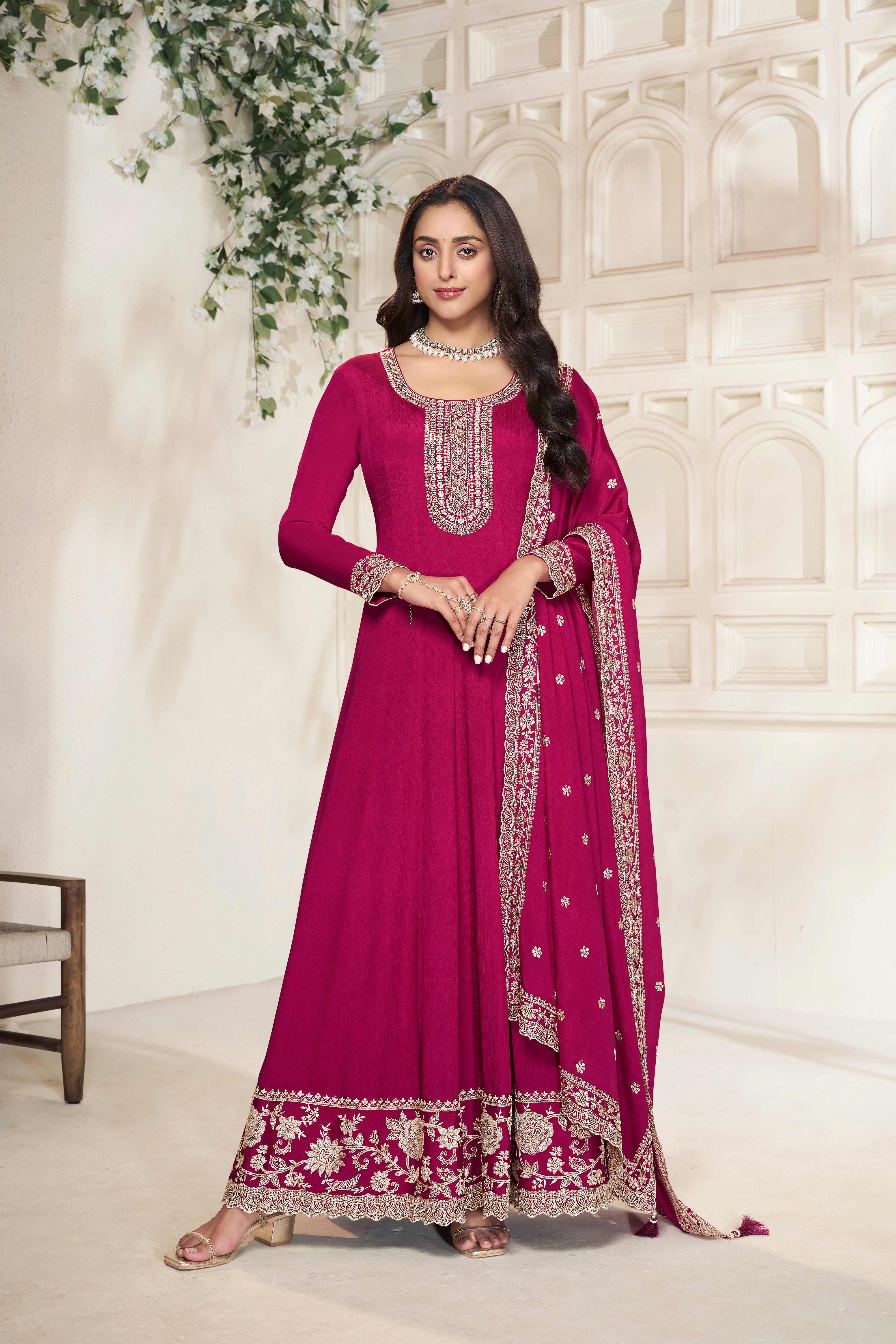 Deep Pink Embroidered Anarkali Set