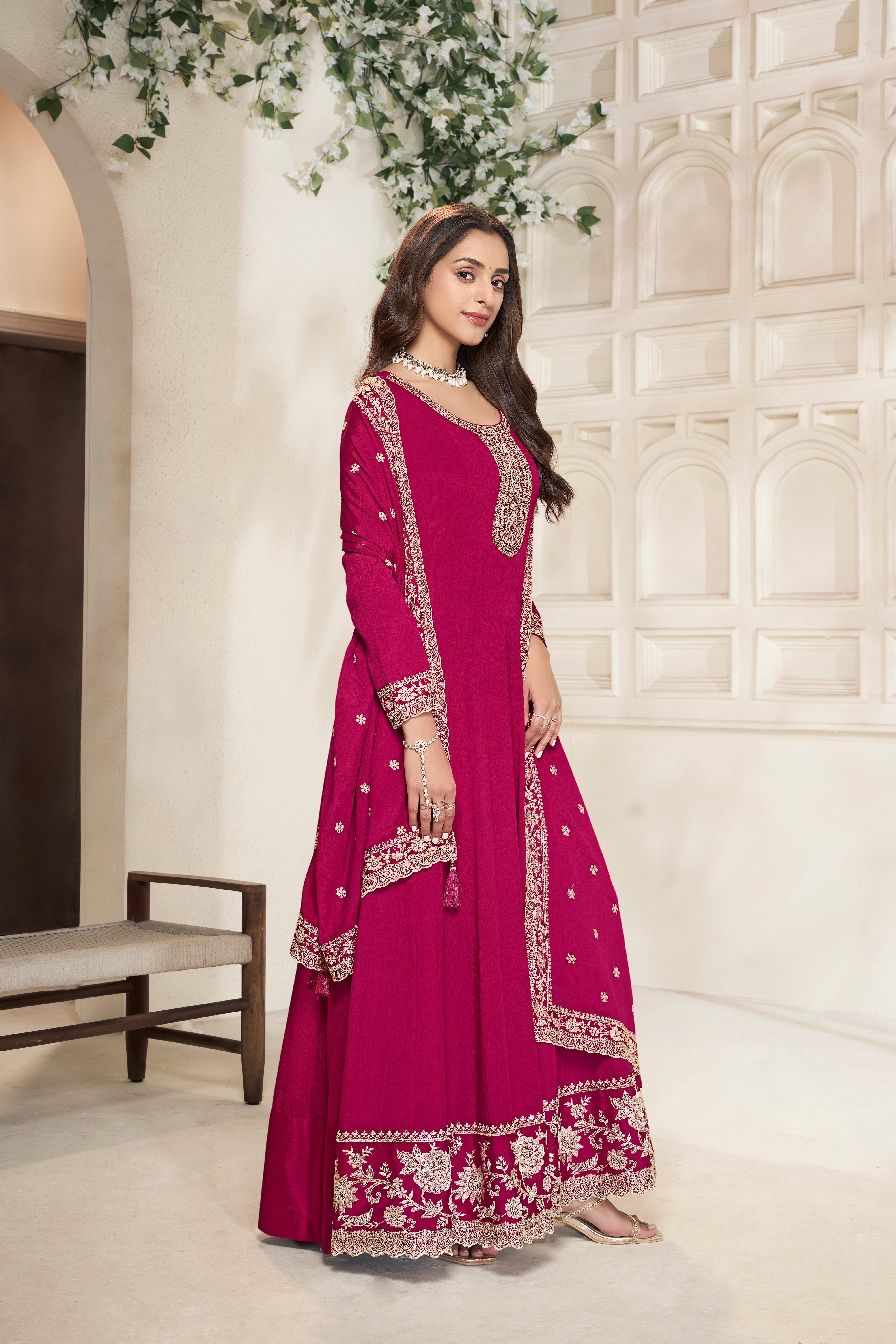 Deep Pink Embroidered Anarkali Set