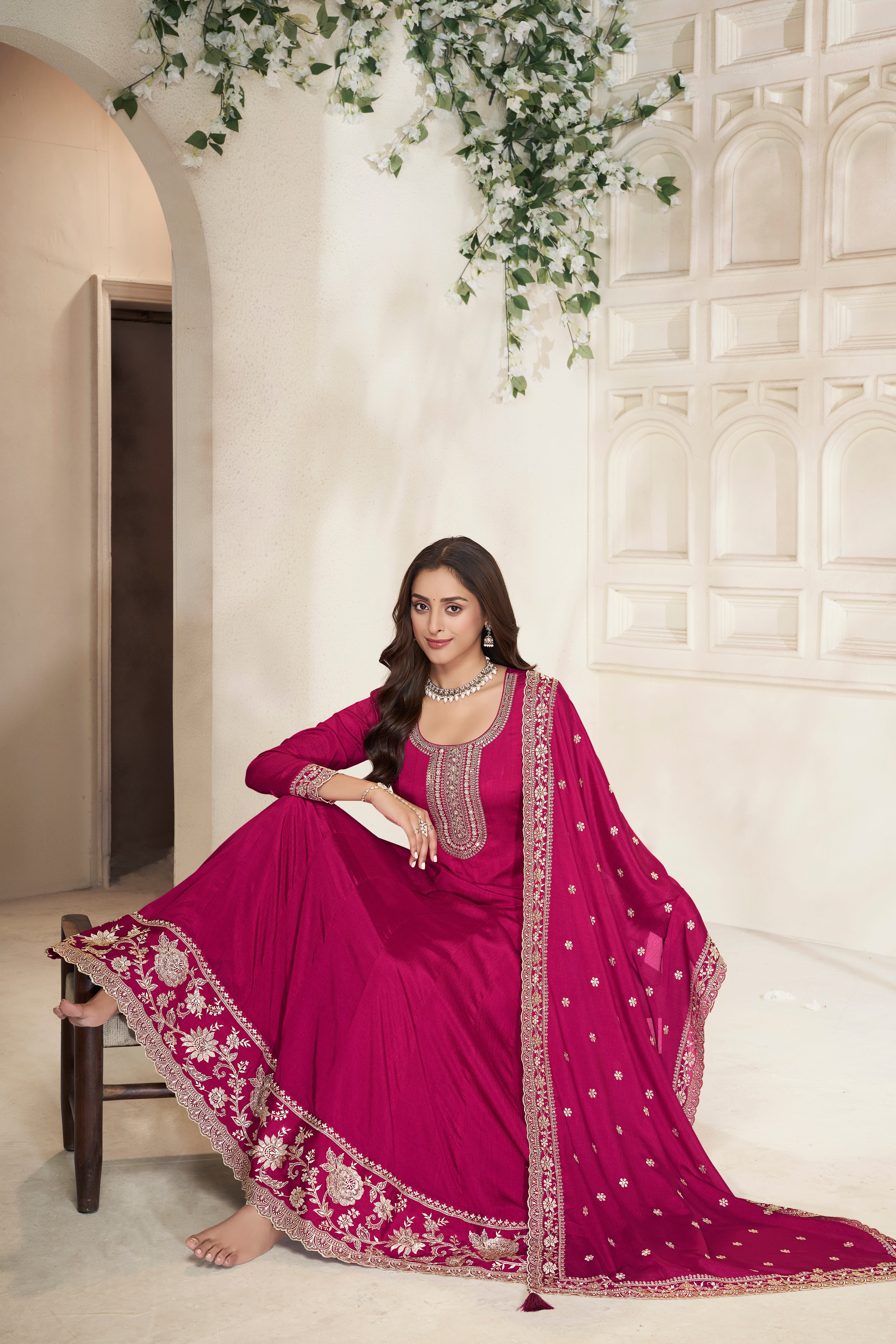 Deep Pink Embroidered Anarkali Set