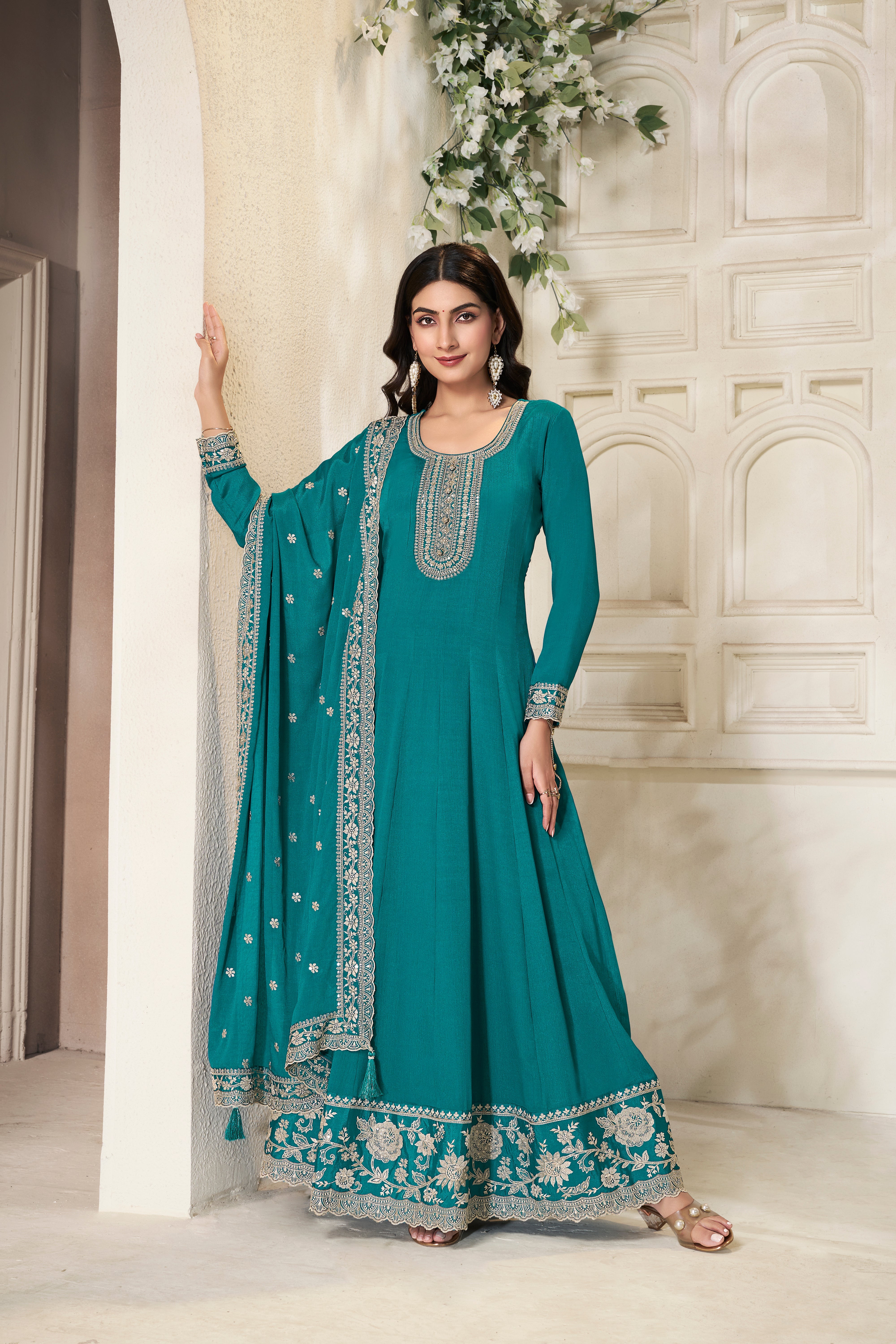Teal Green Embroidered Anarkali Set
