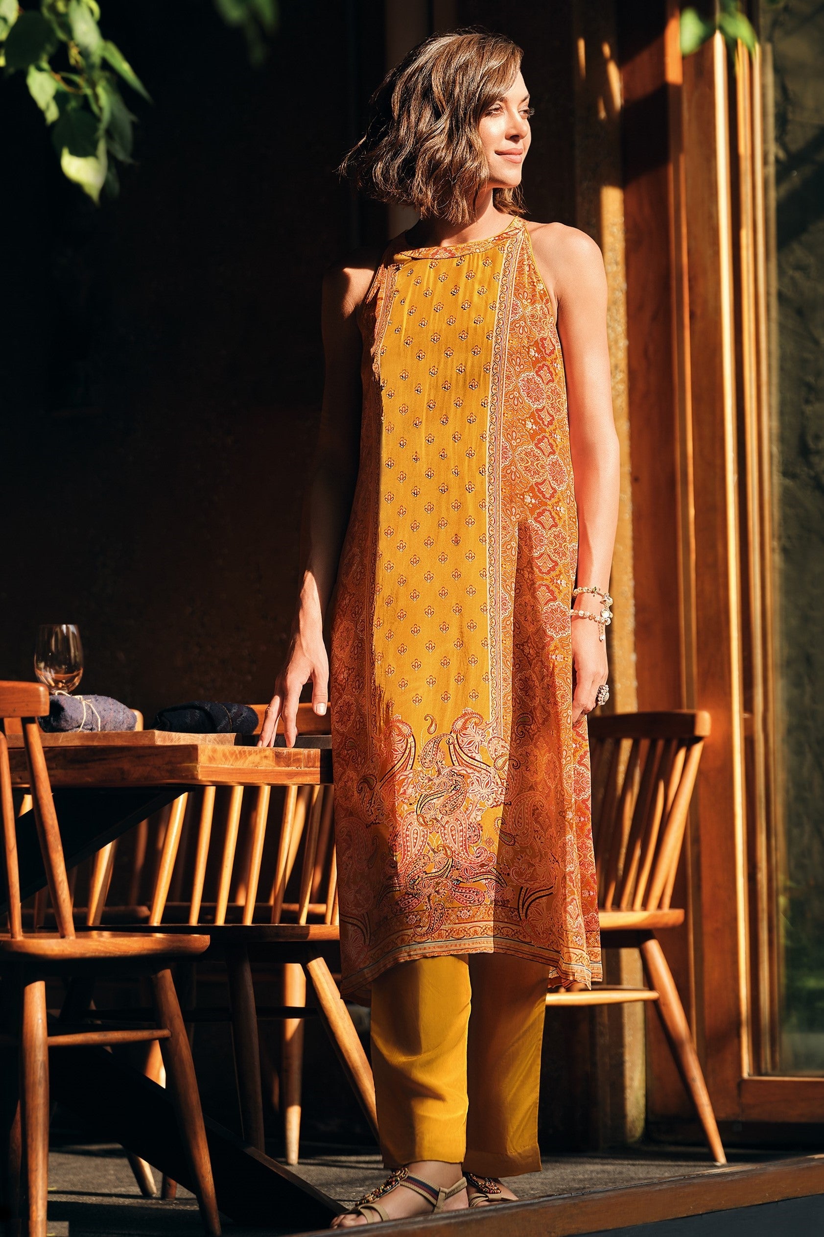 Classic Yellow Digital Printed Muslin Silk Kurta & Pants Set