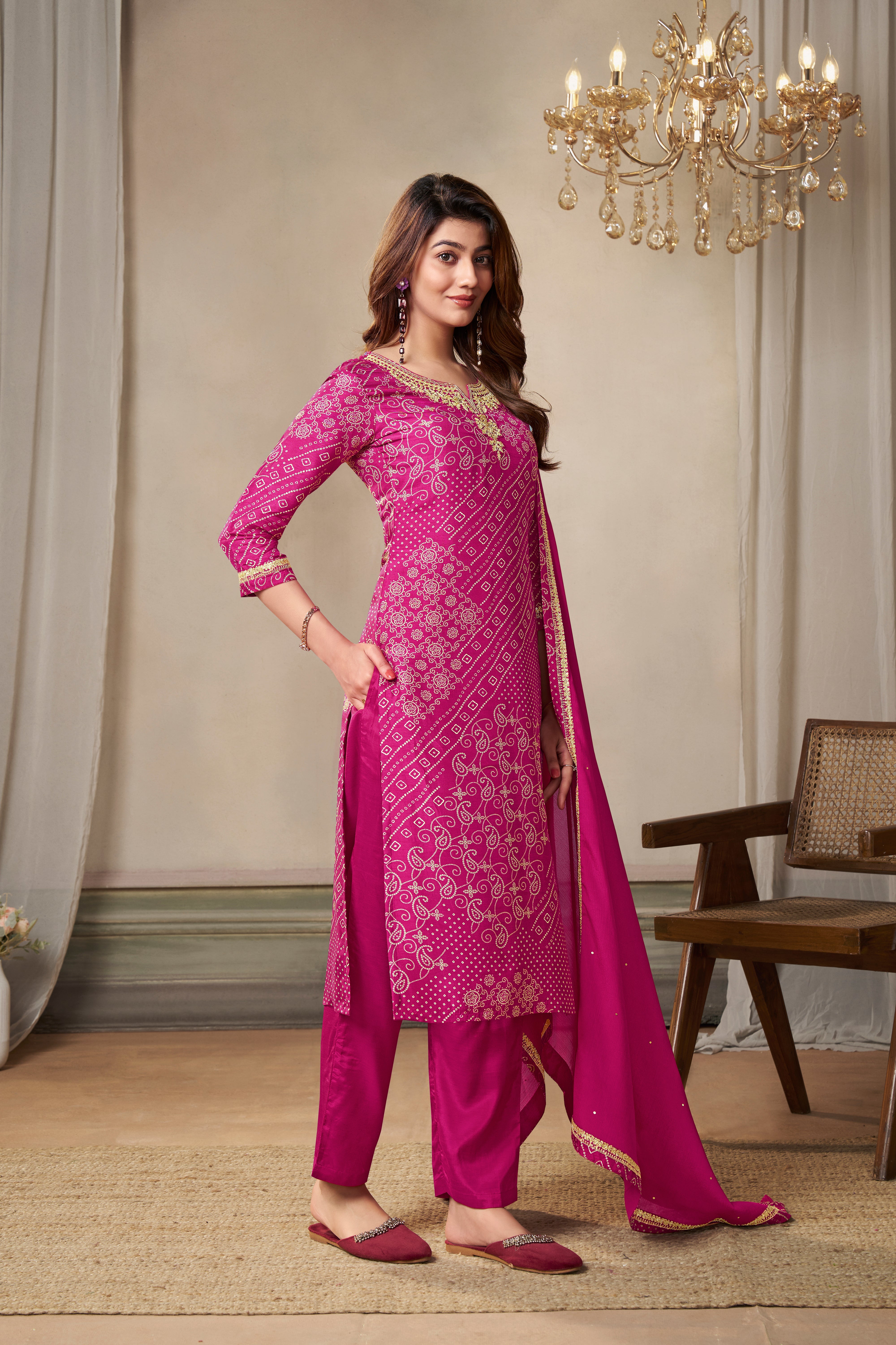 Traditional Pink Bandhani Printed Kurta & Pant Set