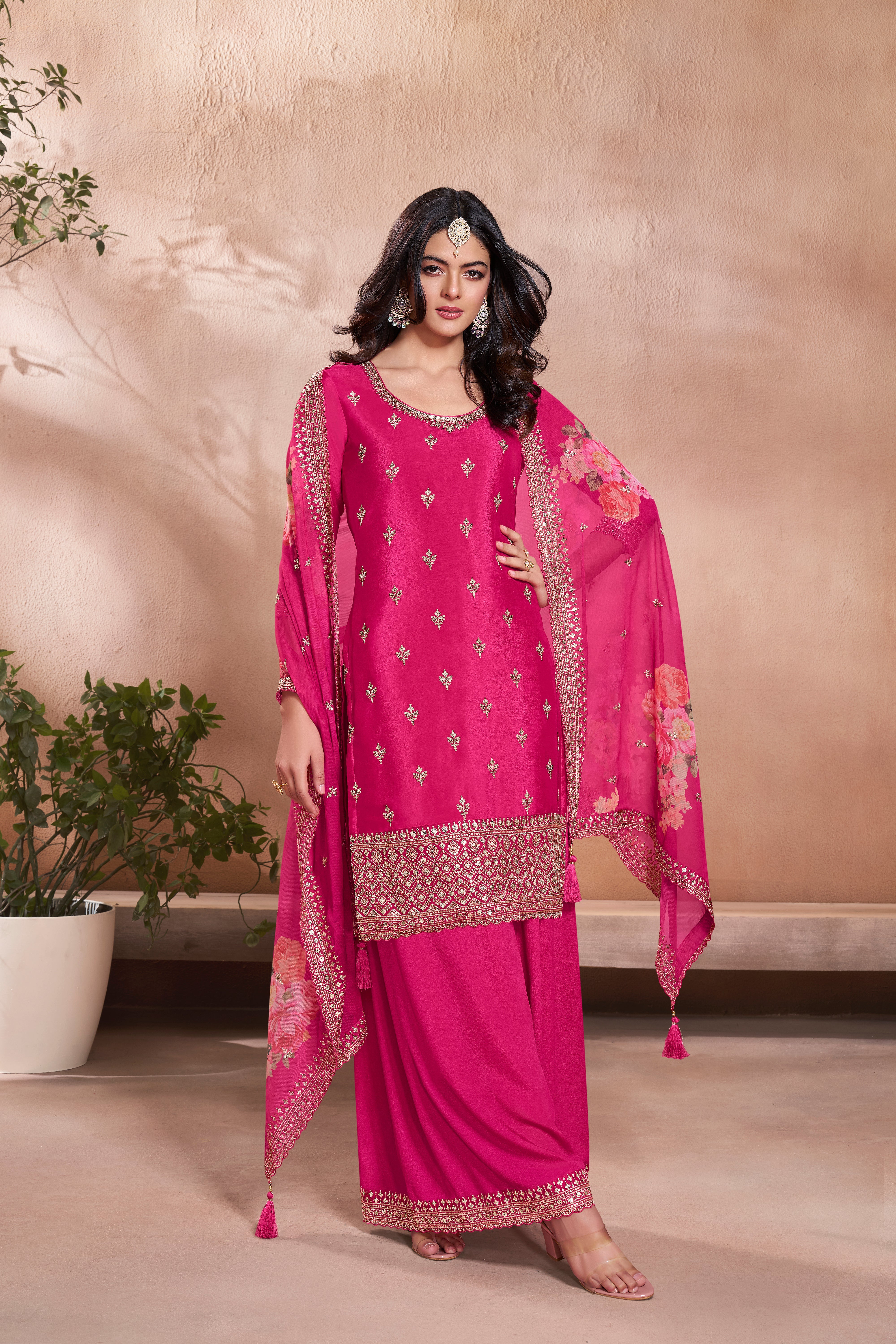 Pink Chinon Silk Kurta & Palazzo Set