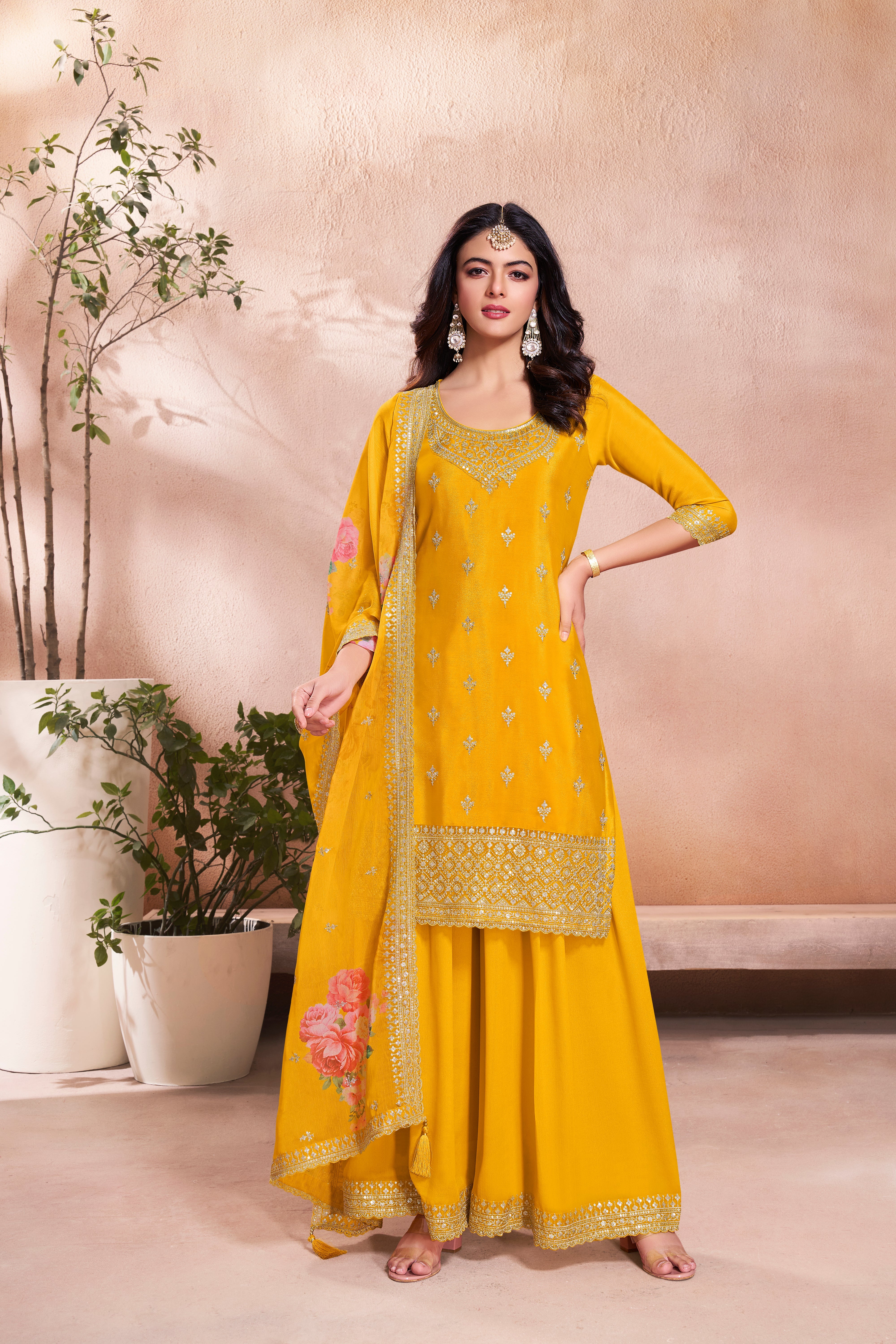Yellow Chinon Silk Kurta & Palazzo Set