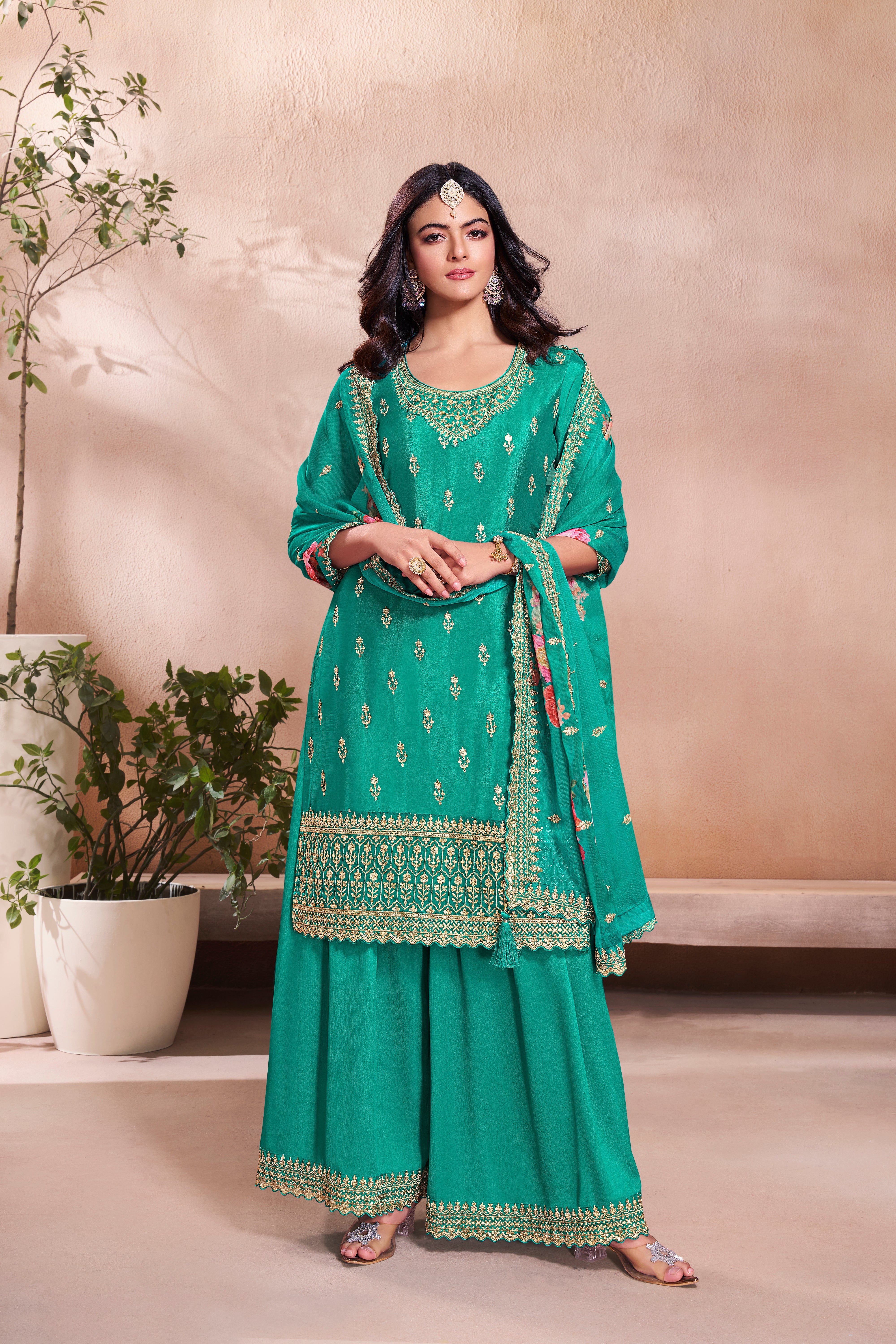 Turquoise Chinon Silk Kurta & Palazzo Set