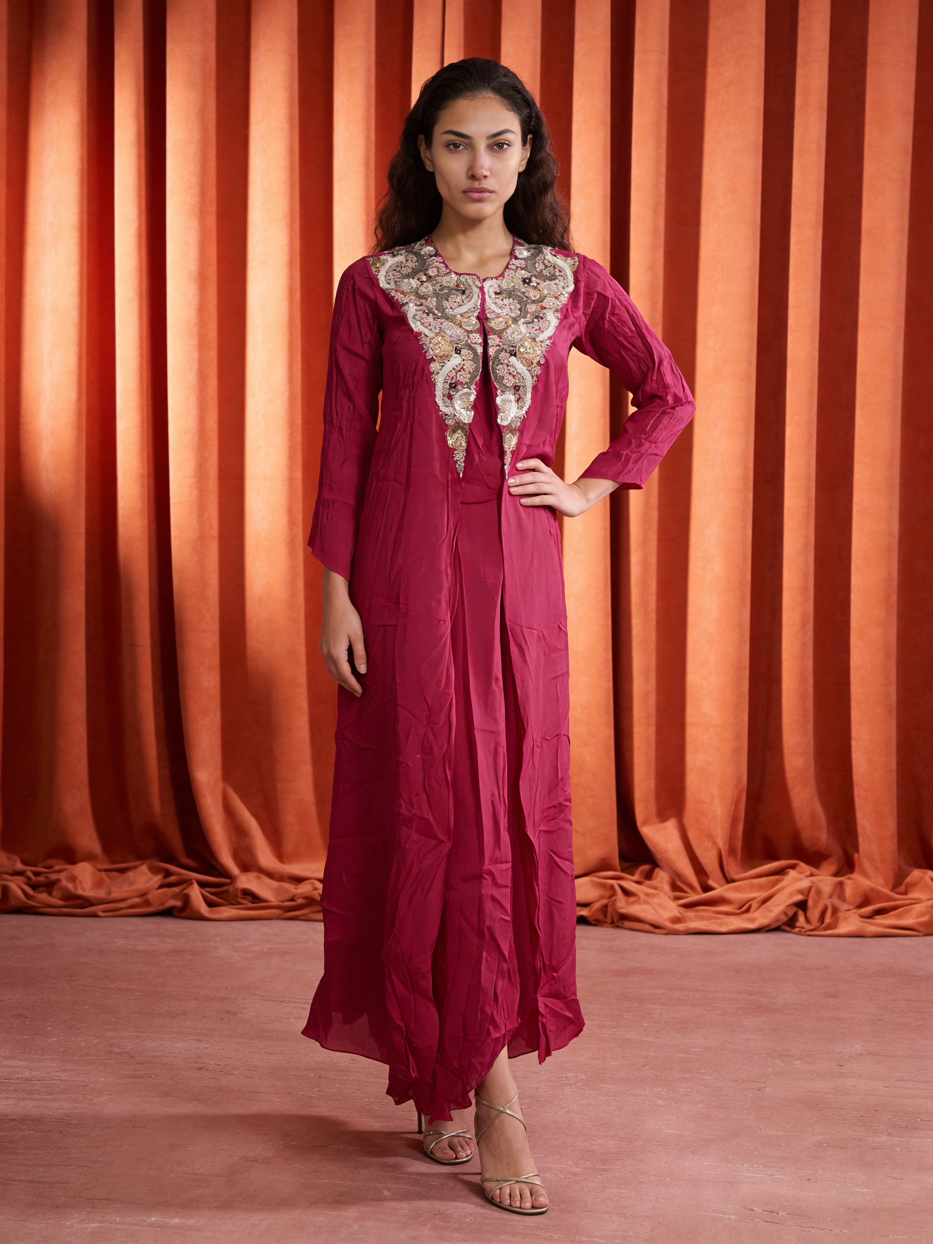 Rani Pink Embellished Georgette Silk Dress With Shrug