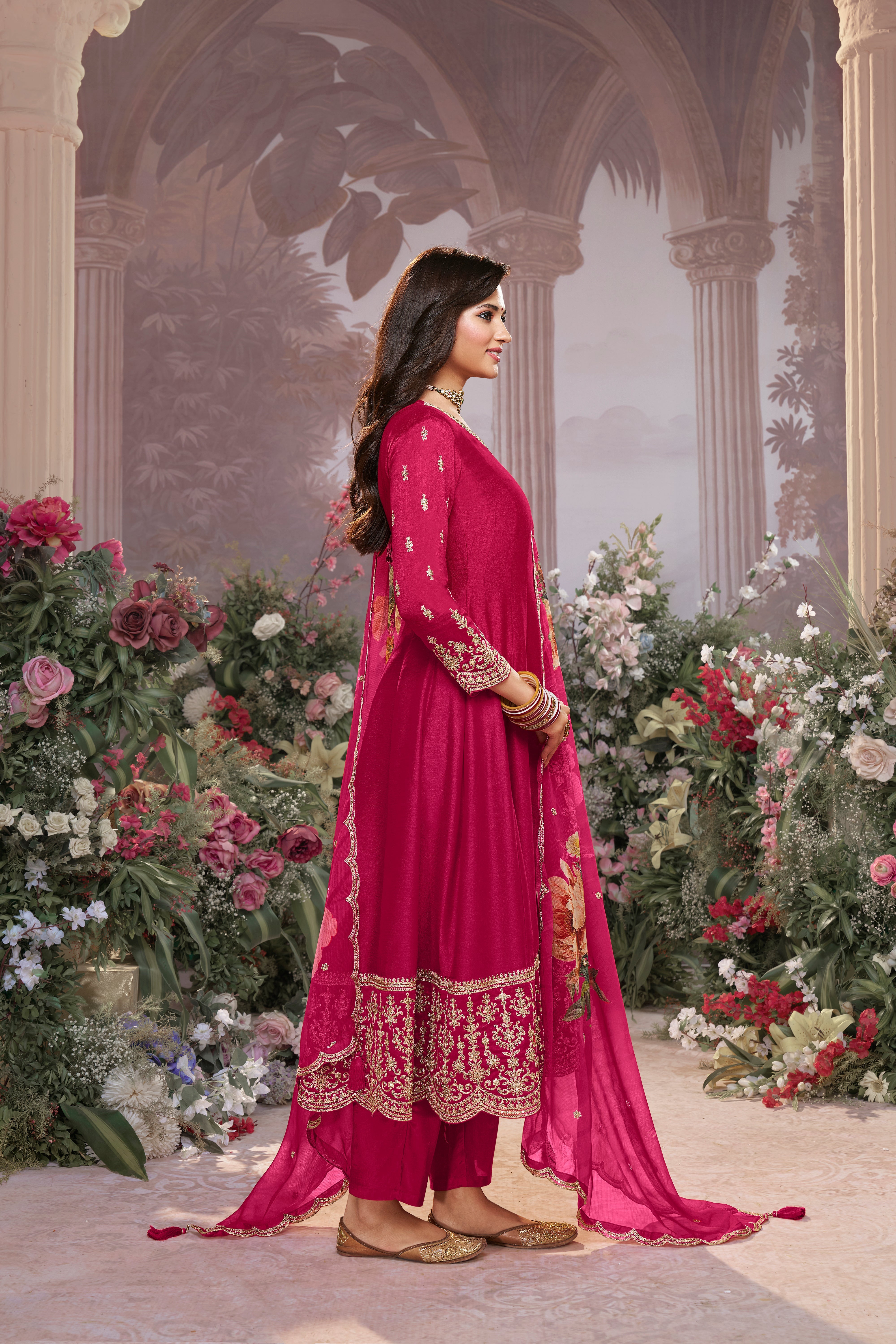 Rani Pink Embellished Raw Silk Anarkali Set