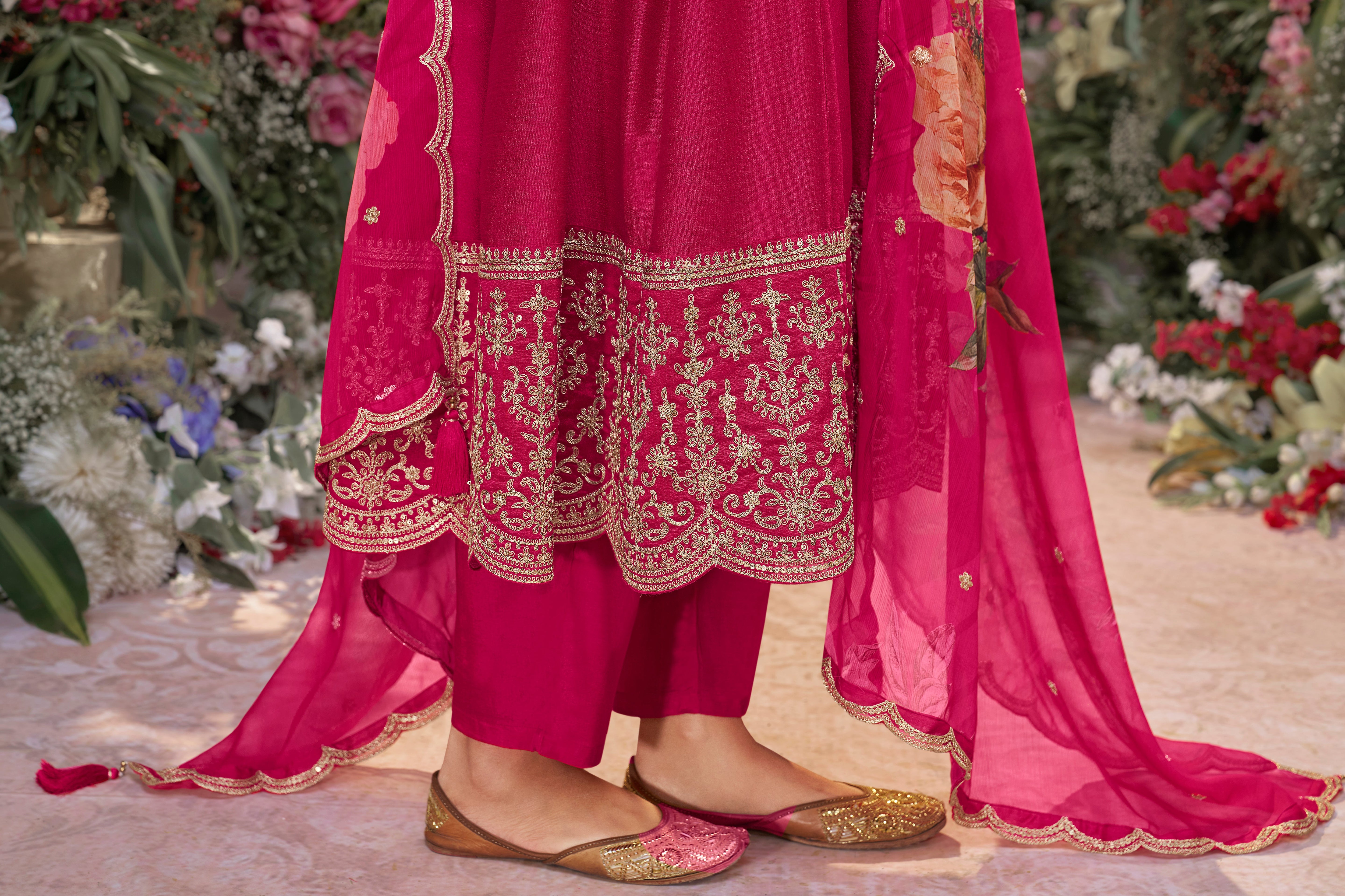 Rani Pink Embellished Raw Silk Anarkali Set