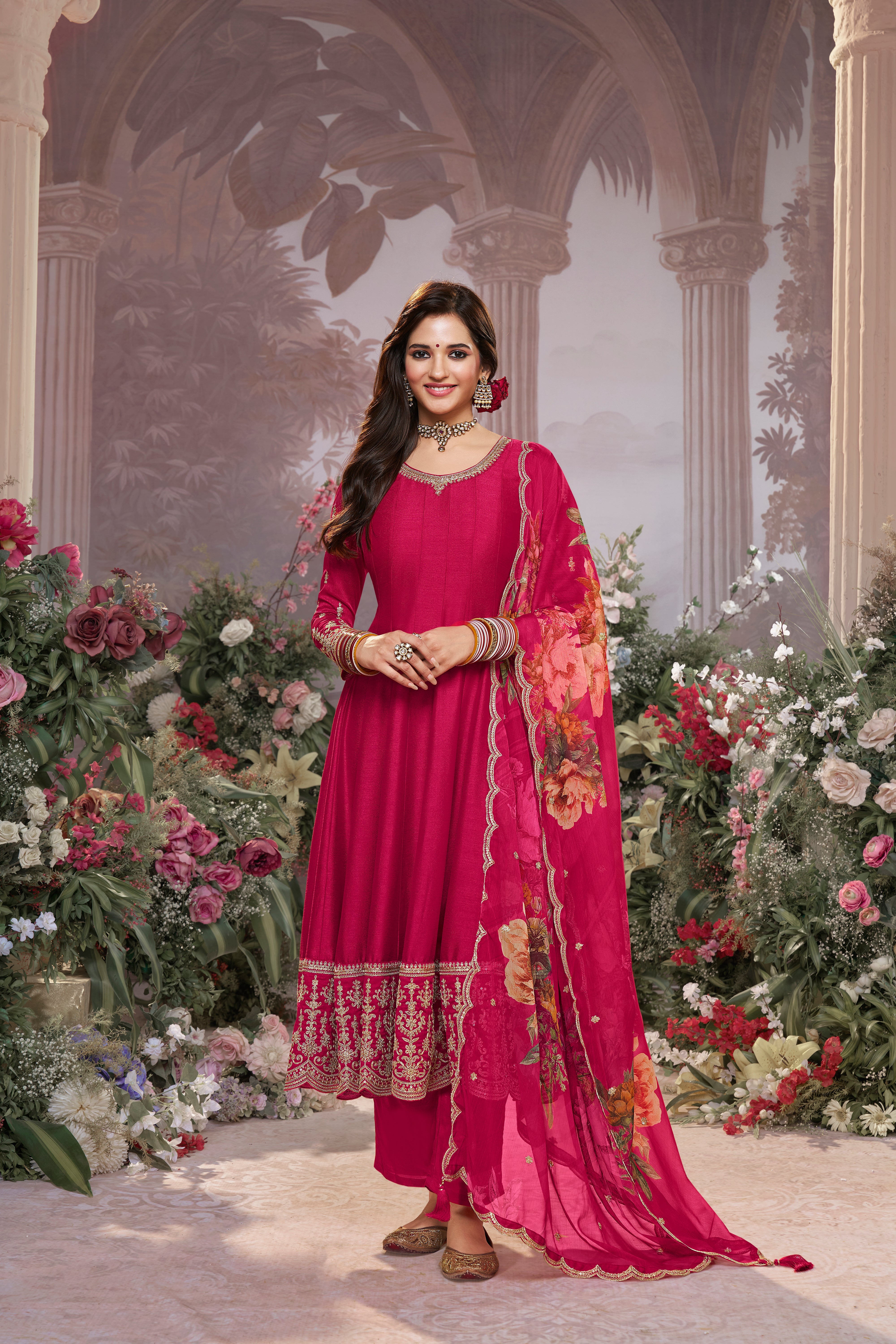 Rani Pink Embellished Raw Silk Anarkali Set